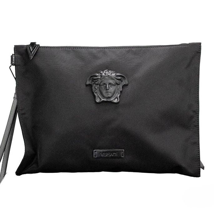 Versace Large Black Nylon Fabric Medusa Convertible Pouch Clutch Wristlet Bag