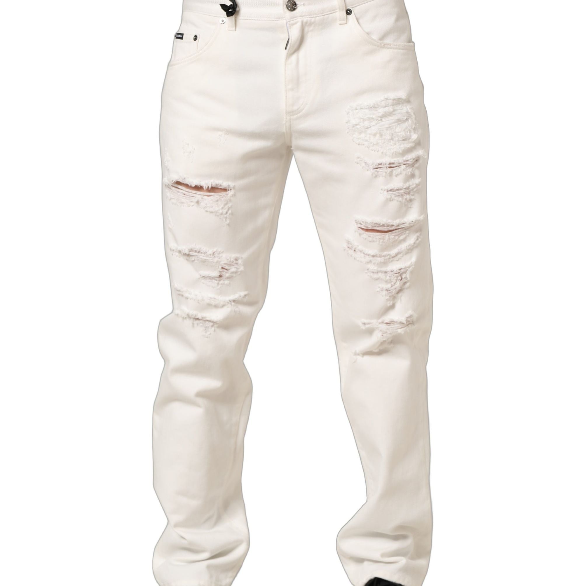 Dolce & Gabbana White Cotton Distressed Straight Denim Jeans