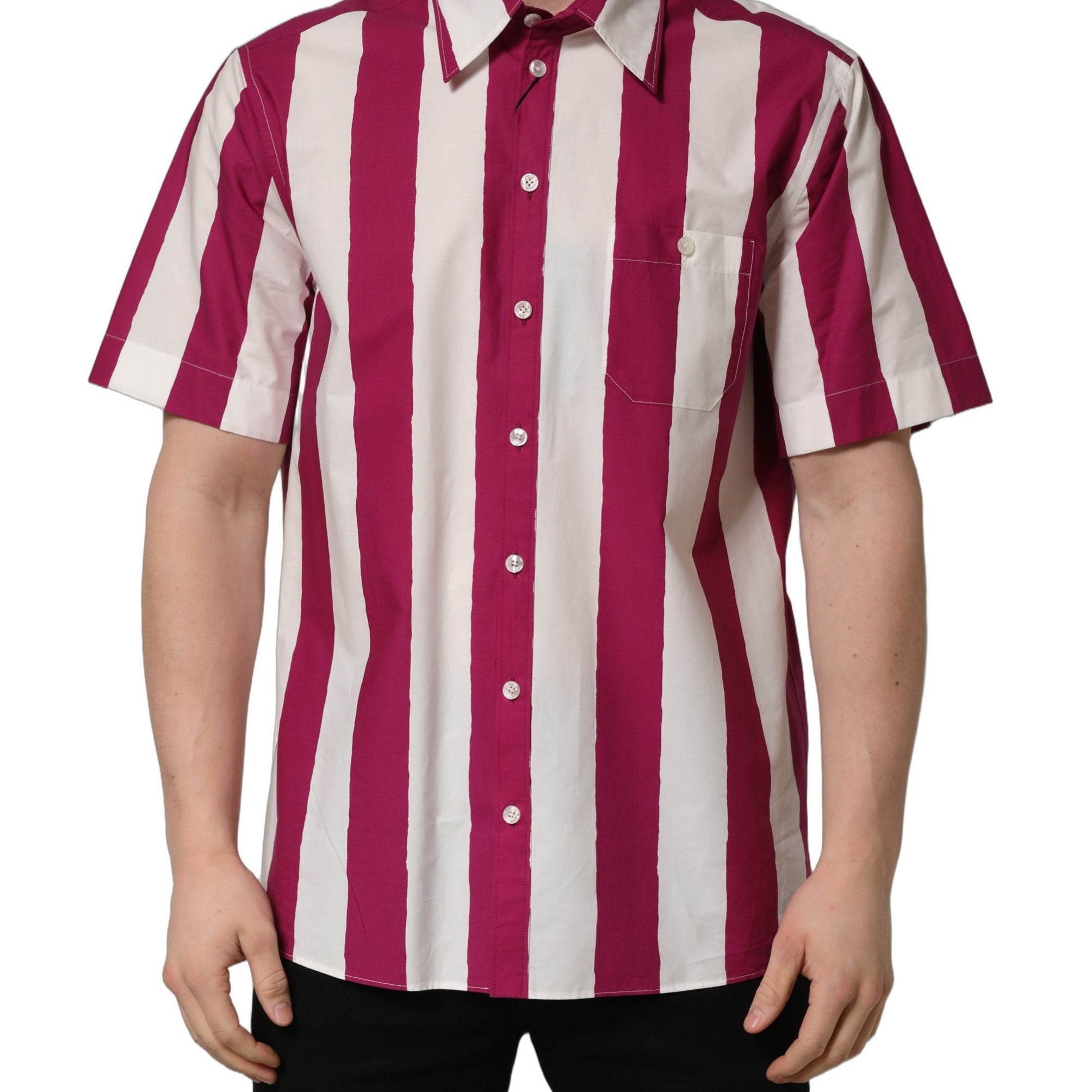 Dolce & Gabbana White Maroon Striped Men Short Sleeves Shirt