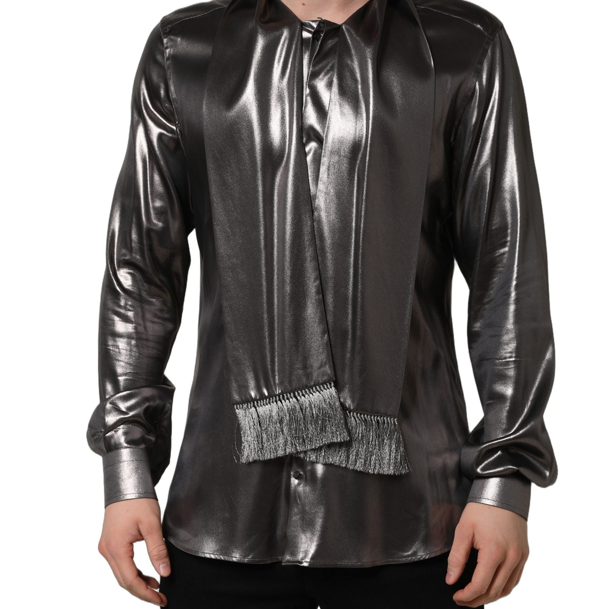 Dolce & Gabbana Silver Satin Silk Long Sleeves Men Dress Shirt