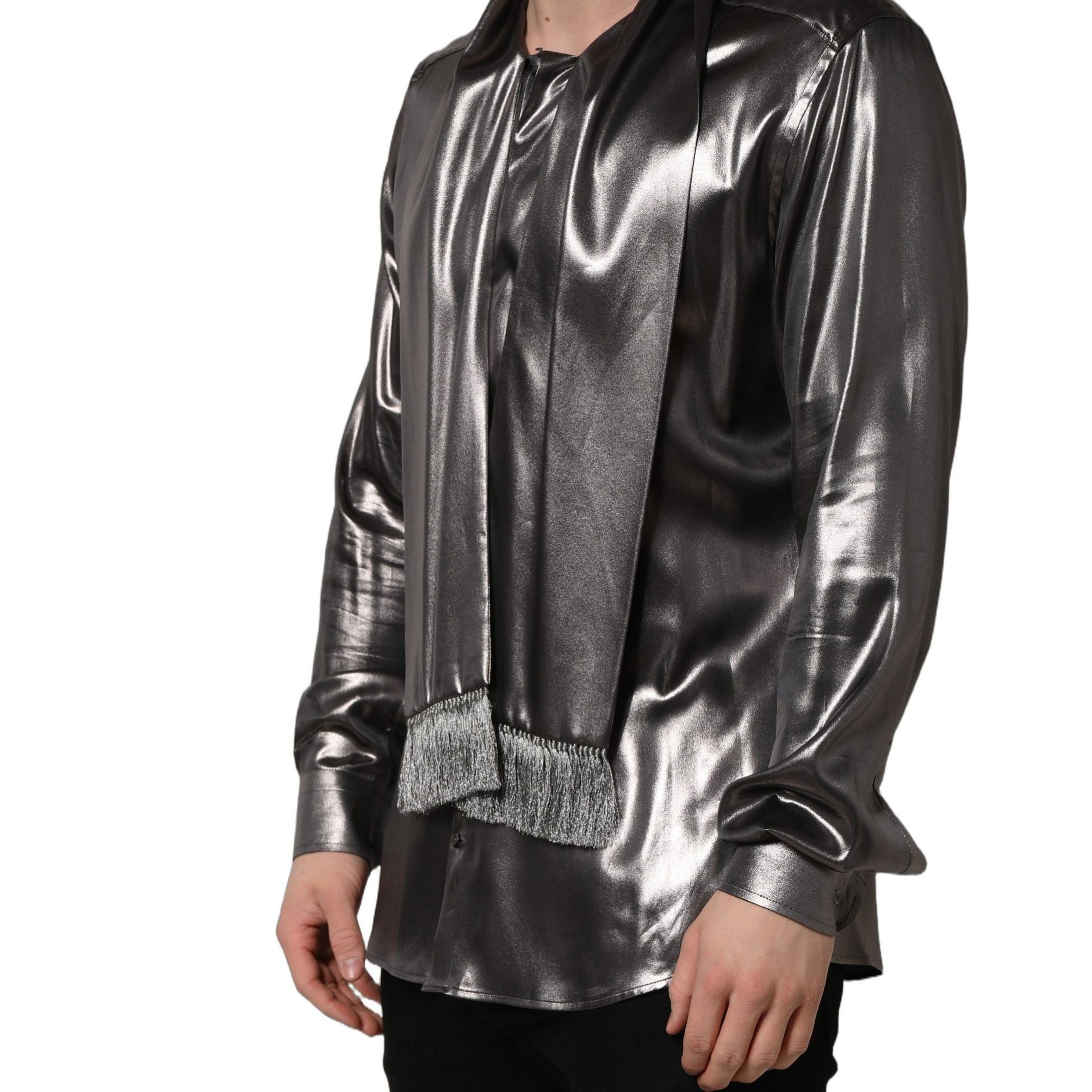 Dolce & Gabbana Silver Satin Silk Long Sleeves Men Dress Shirt