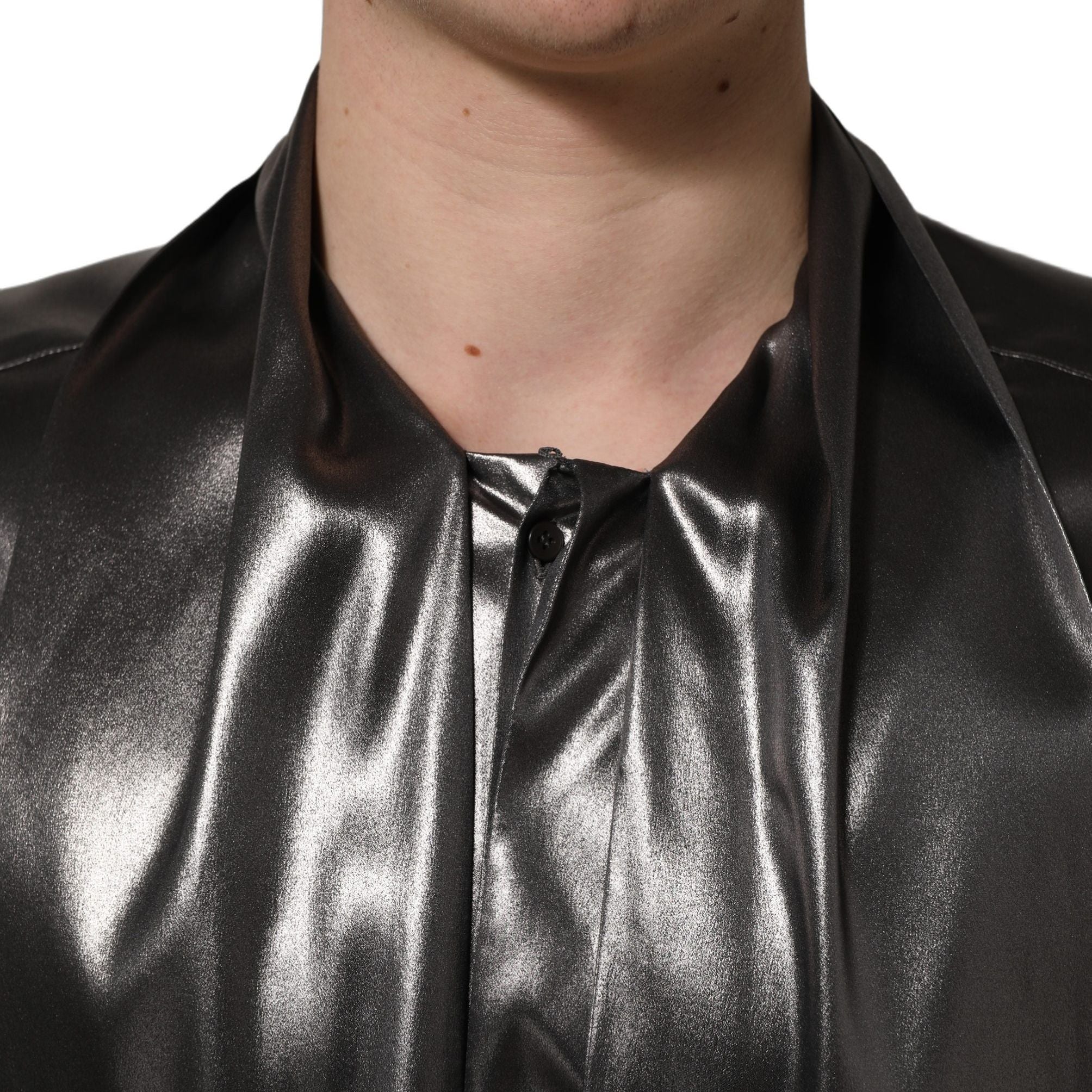 Dolce & Gabbana Silver Satin Silk Long Sleeves Men Dress Shirt