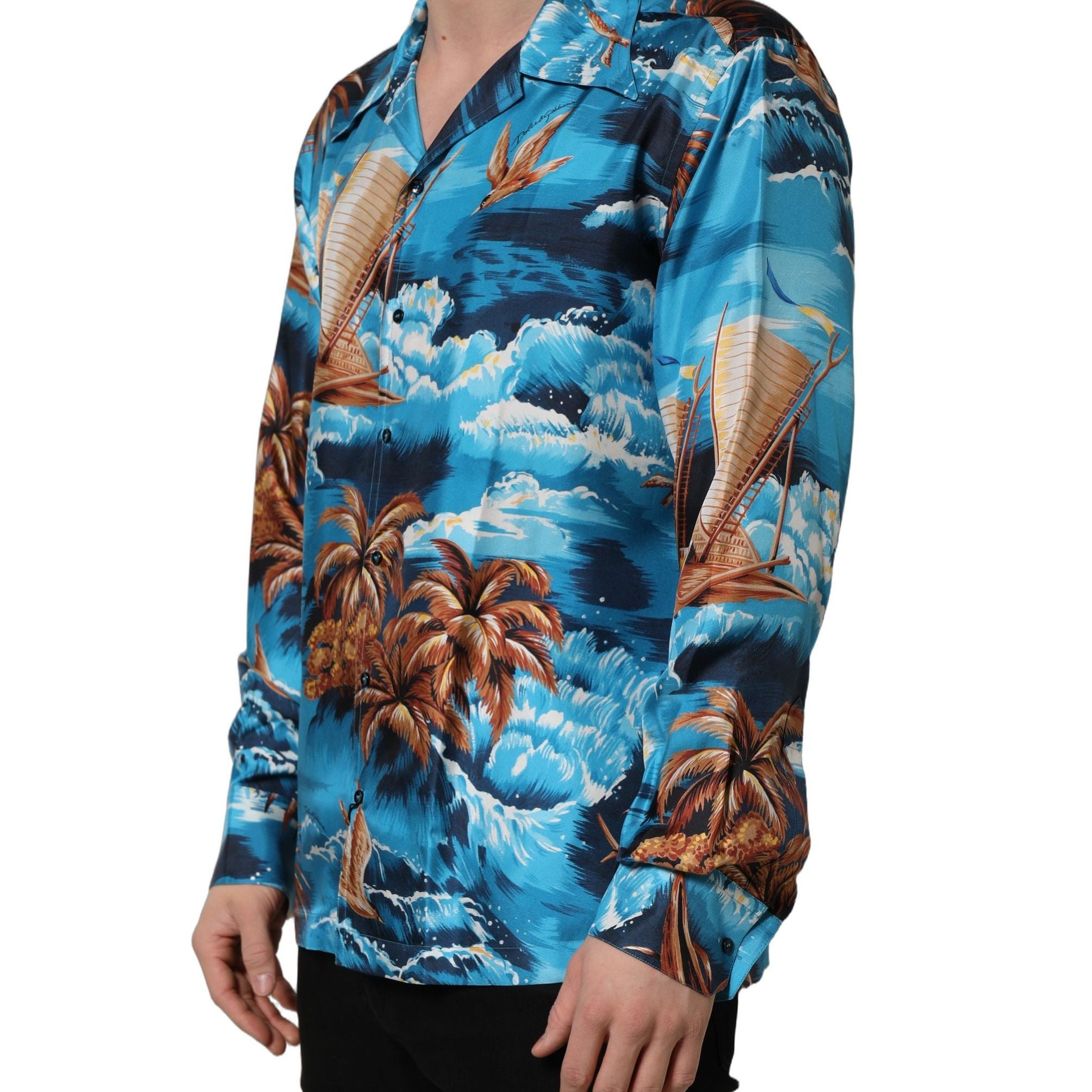 Dolce & Gabbana Blue Silk Twill Hawaiian GraphicPrint Shirt
