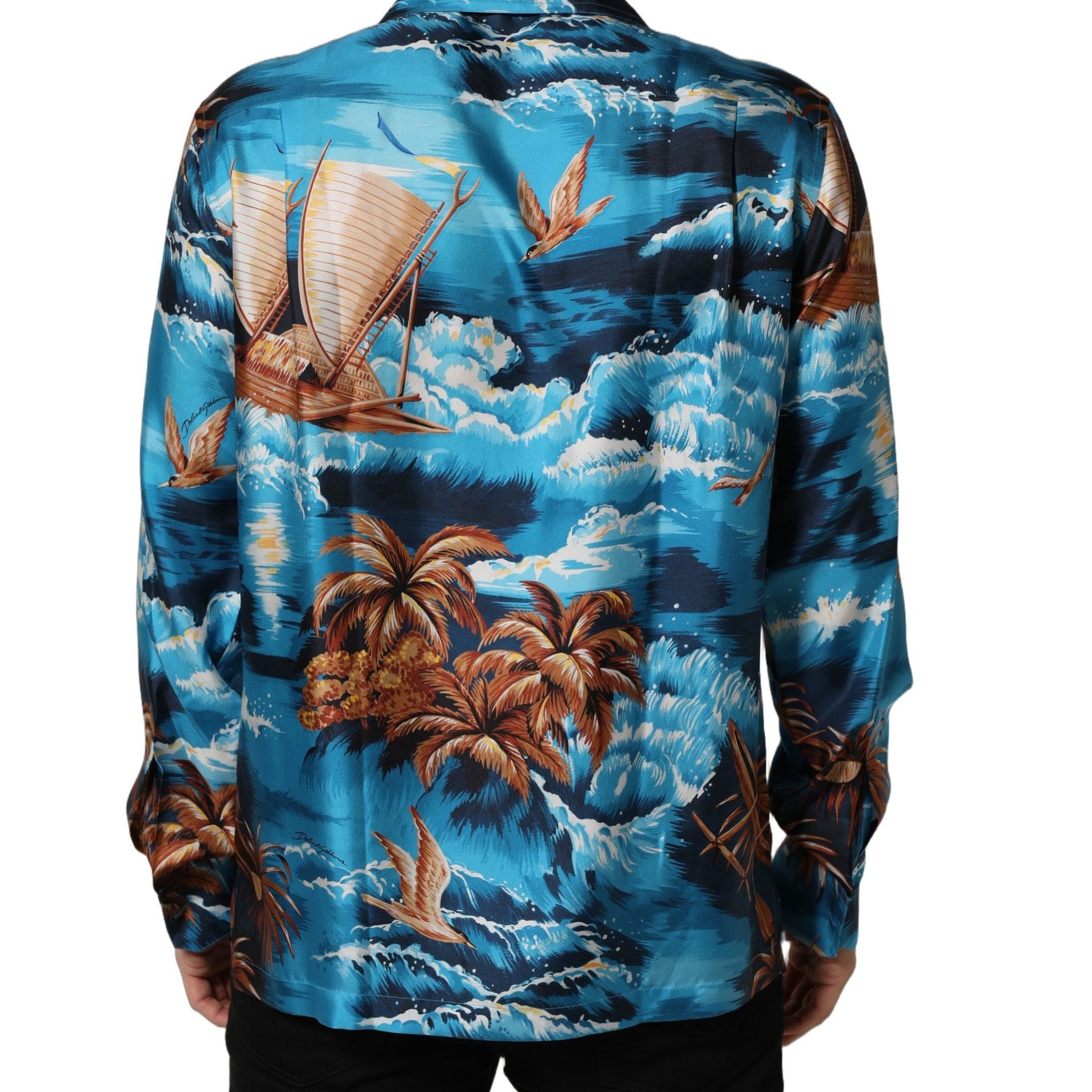 Dolce & Gabbana Blue Silk Twill Hawaiian GraphicPrint Shirt