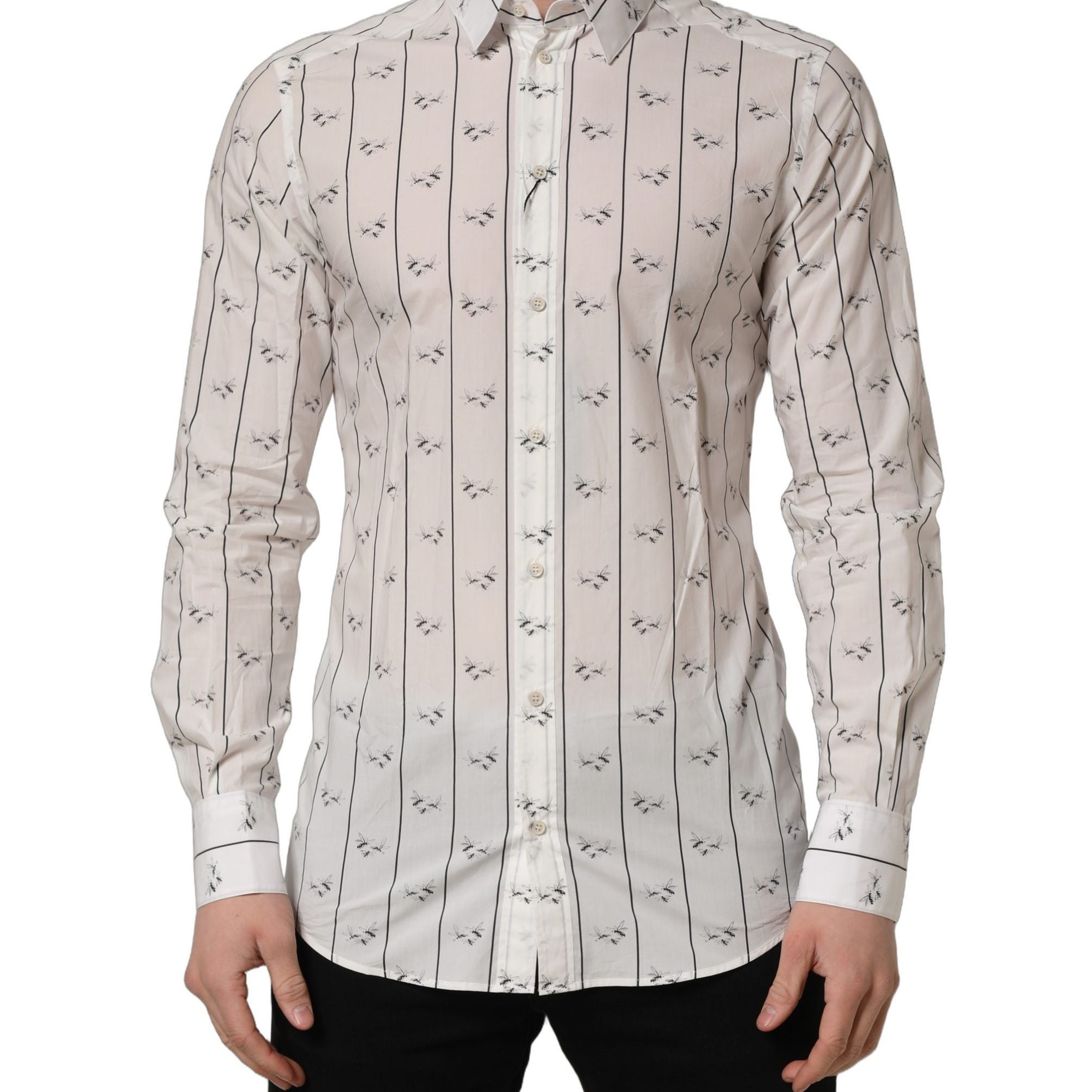 Dolce & Gabbana White Bee Print Cotton GOLD Fit Dress Shirt
