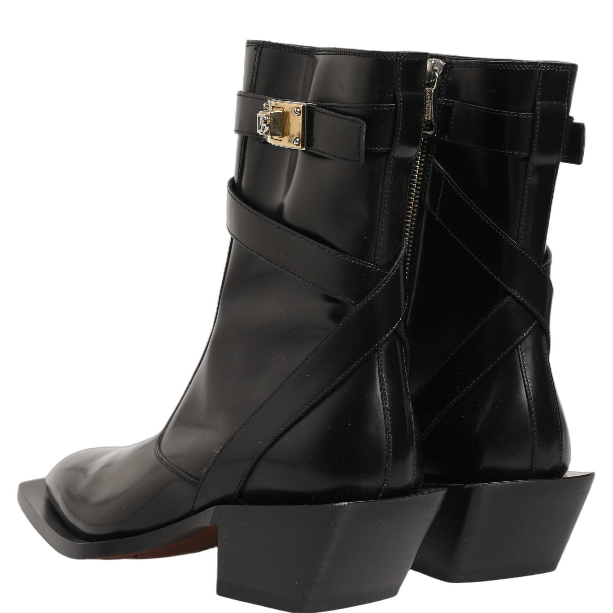 Dolce & Gabbana Black Leather DG Plaque Mid Calf Boots Shoes