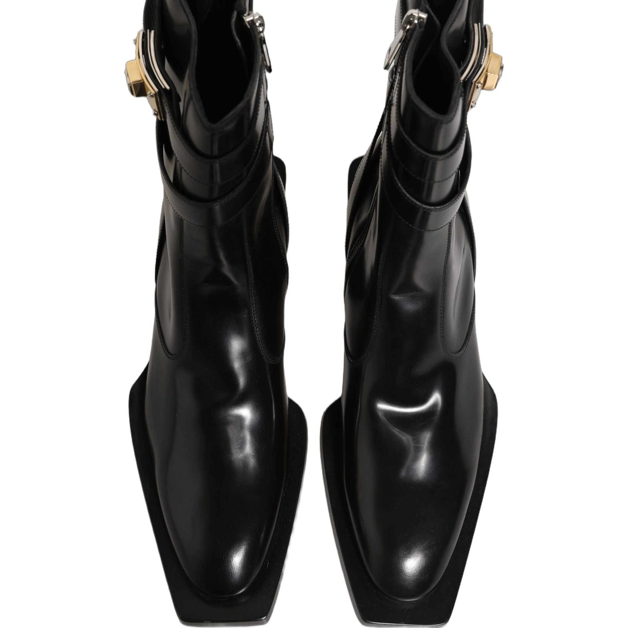 Dolce & Gabbana Black Leather DG Plaque Mid Calf Boots Shoes