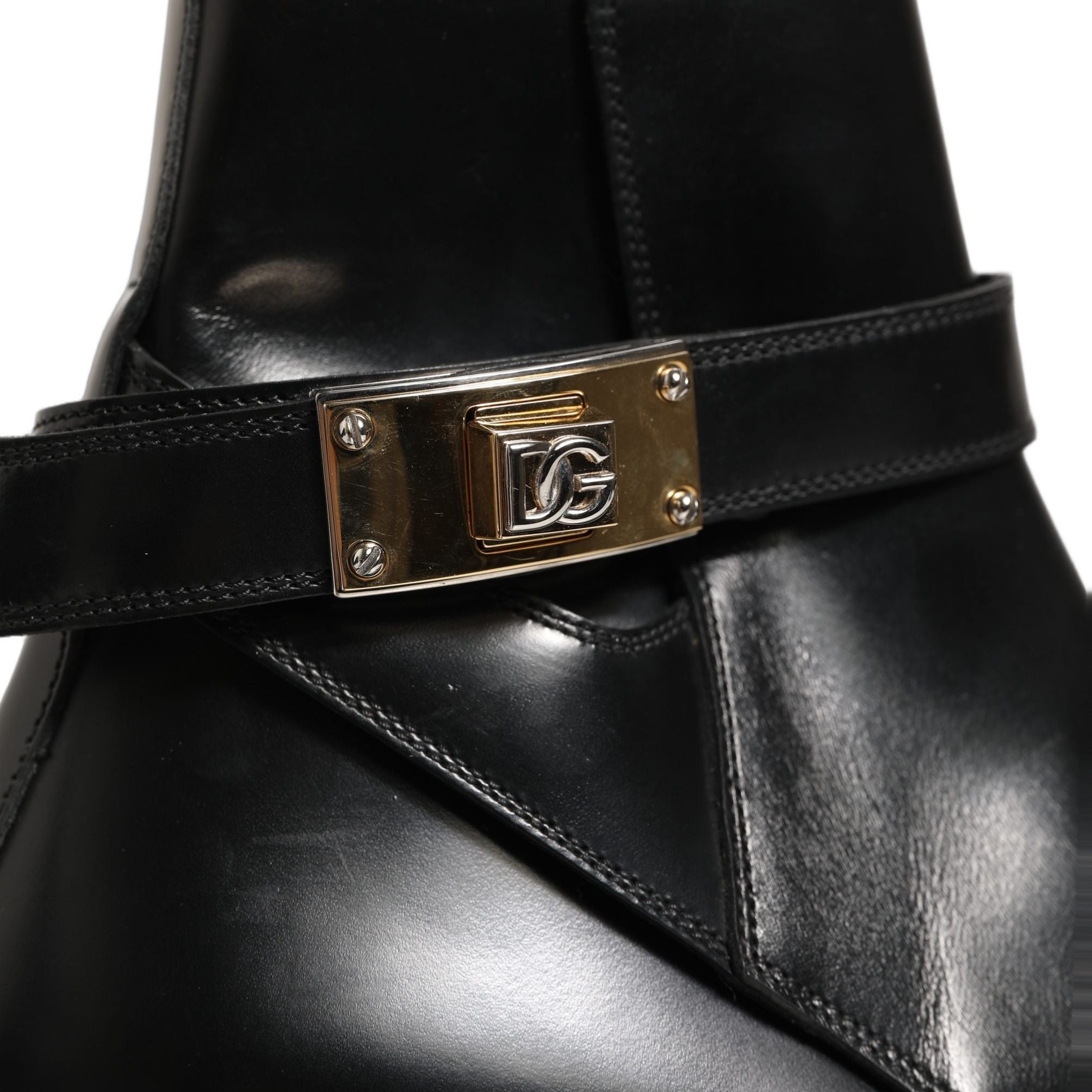 Dolce & Gabbana Black Leather DG Plaque Ankle Boots Shoes
