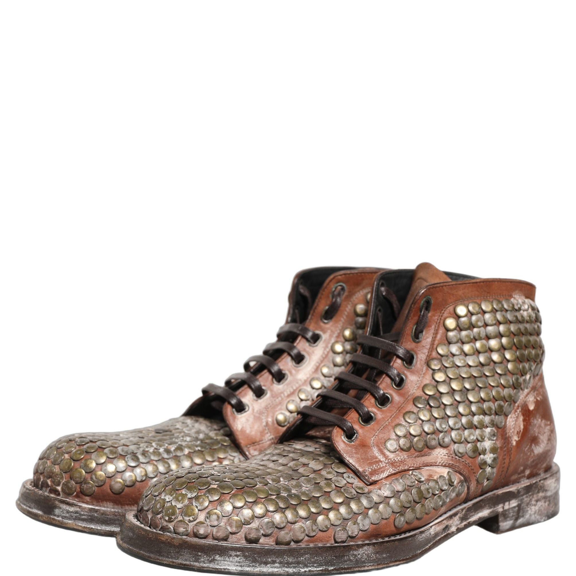 Dolce & Gabbana Brown Leather Runway Studs Ankle Boots Shoes