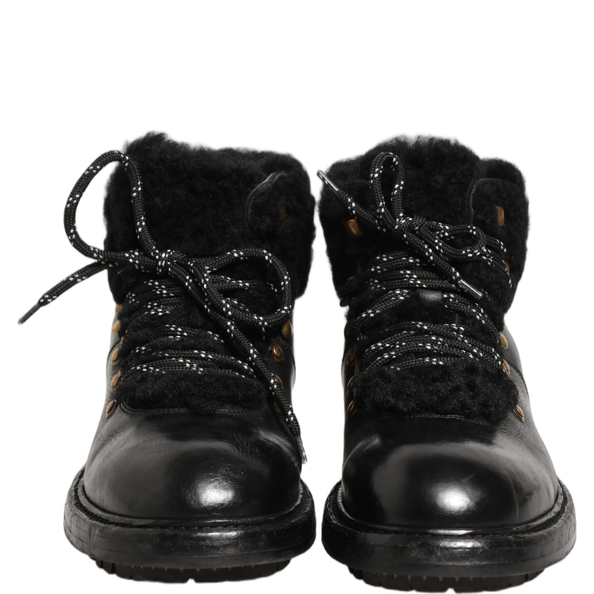 Dolce & Gabbana Black Trekking Fur Lace Leather Boots Shoes