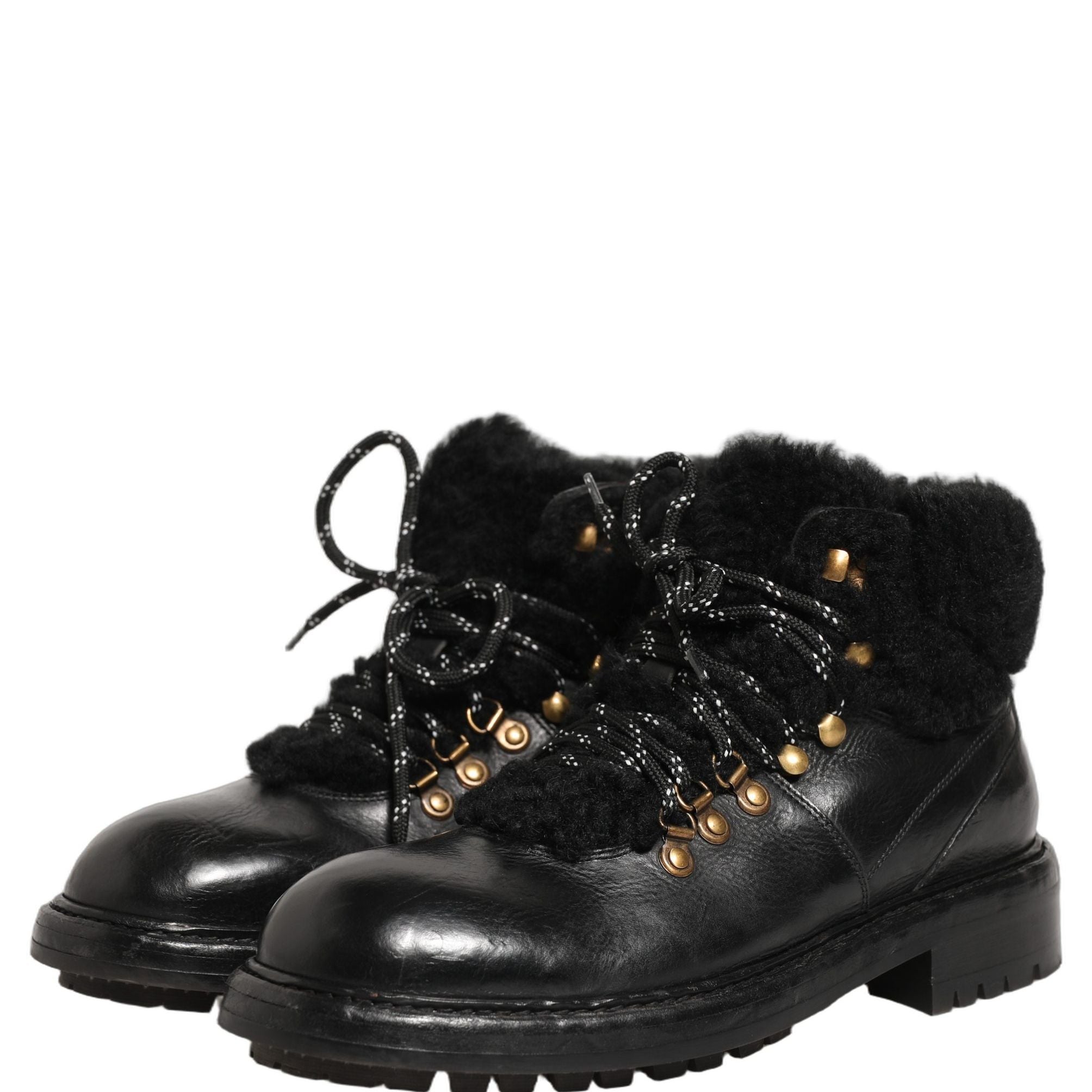 Dolce & Gabbana Black Trekking Fur Lace Leather Boots Shoes