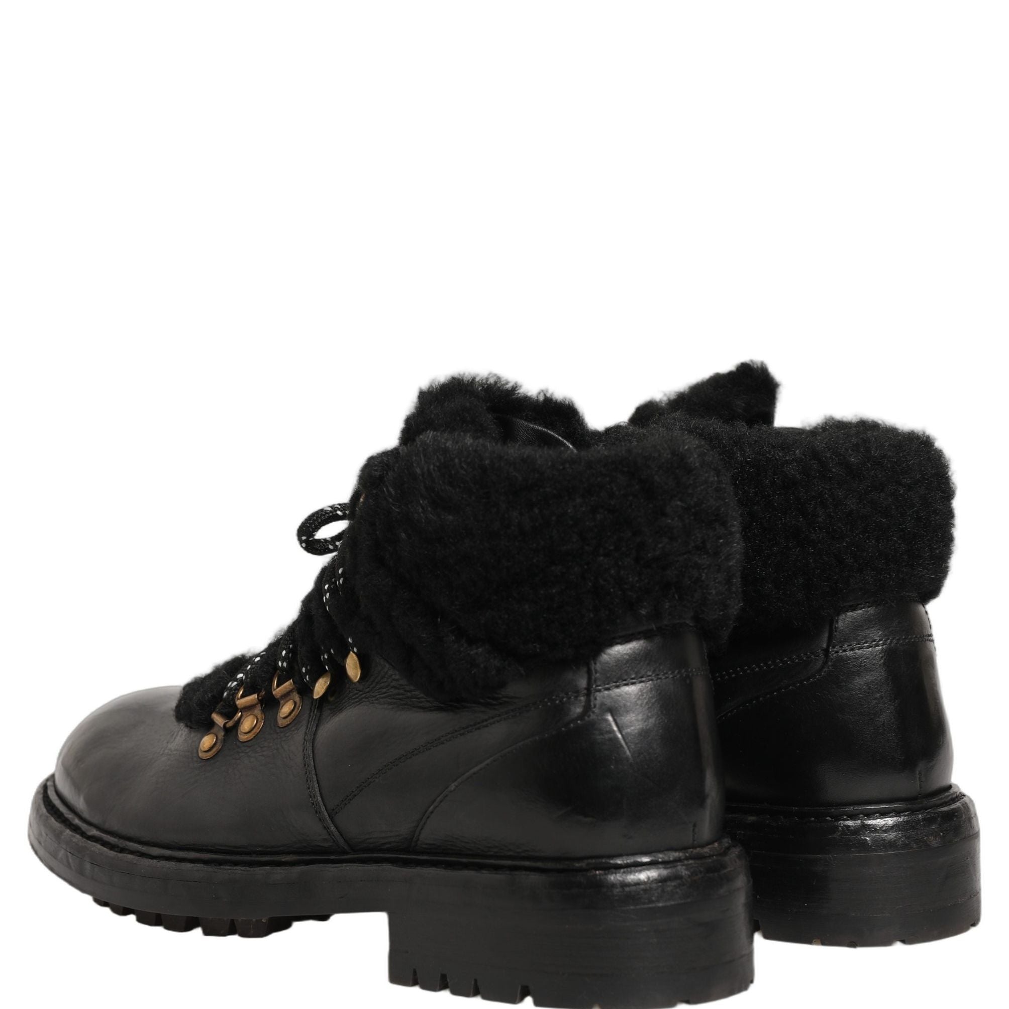 Dolce & Gabbana Black Trekking Fur Lace Leather Boots Shoes