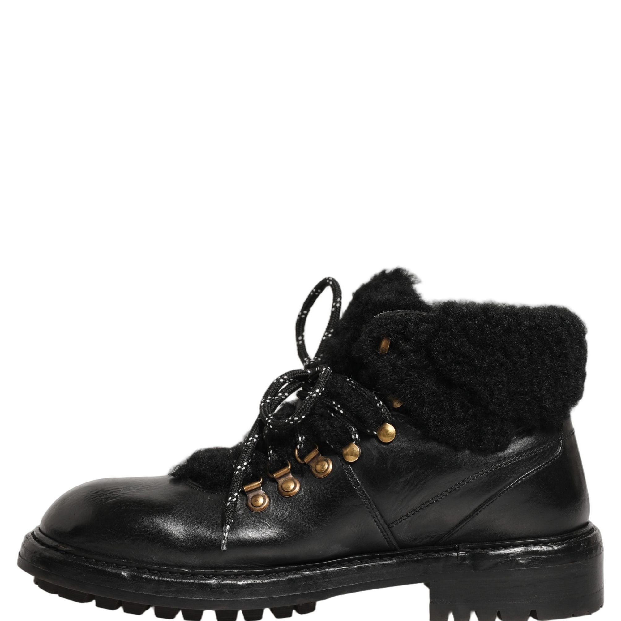 Dolce & Gabbana Black Trekking Fur Lace Leather Boots Shoes