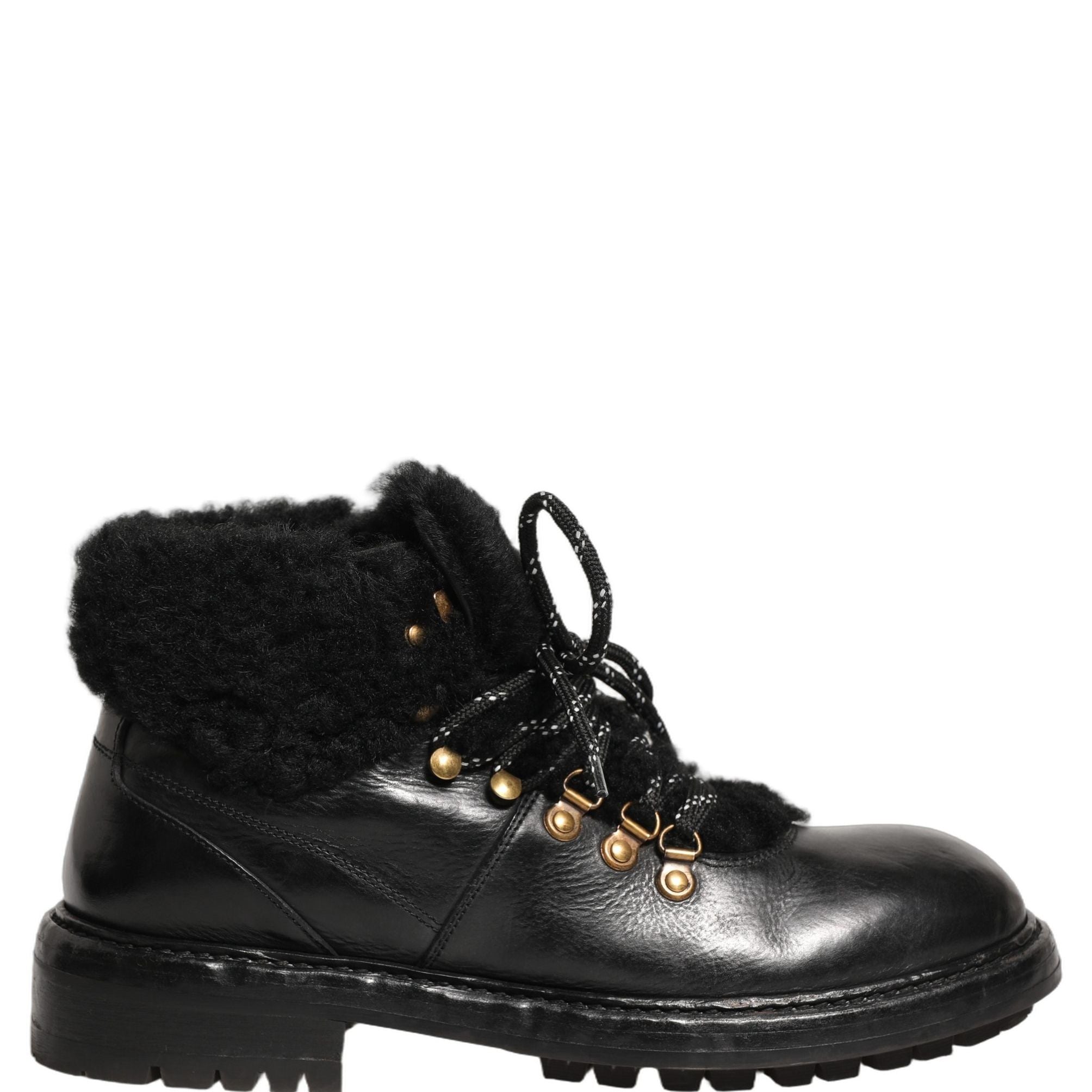 Dolce & Gabbana Black Trekking Fur Lace Leather Boots Shoes