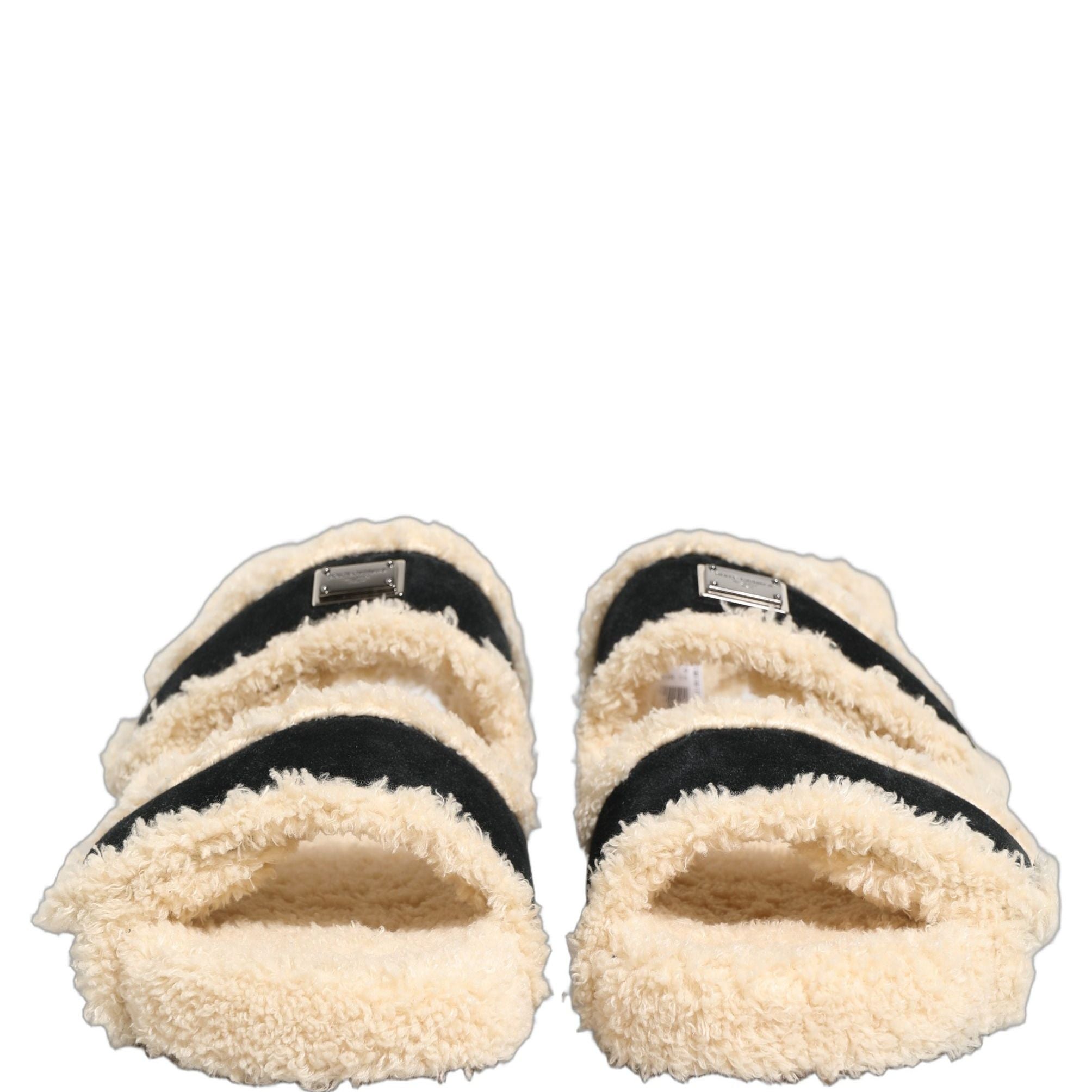 Dolce & Gabbana Beige Black Faux Fur Flats Men Sandals Shoes