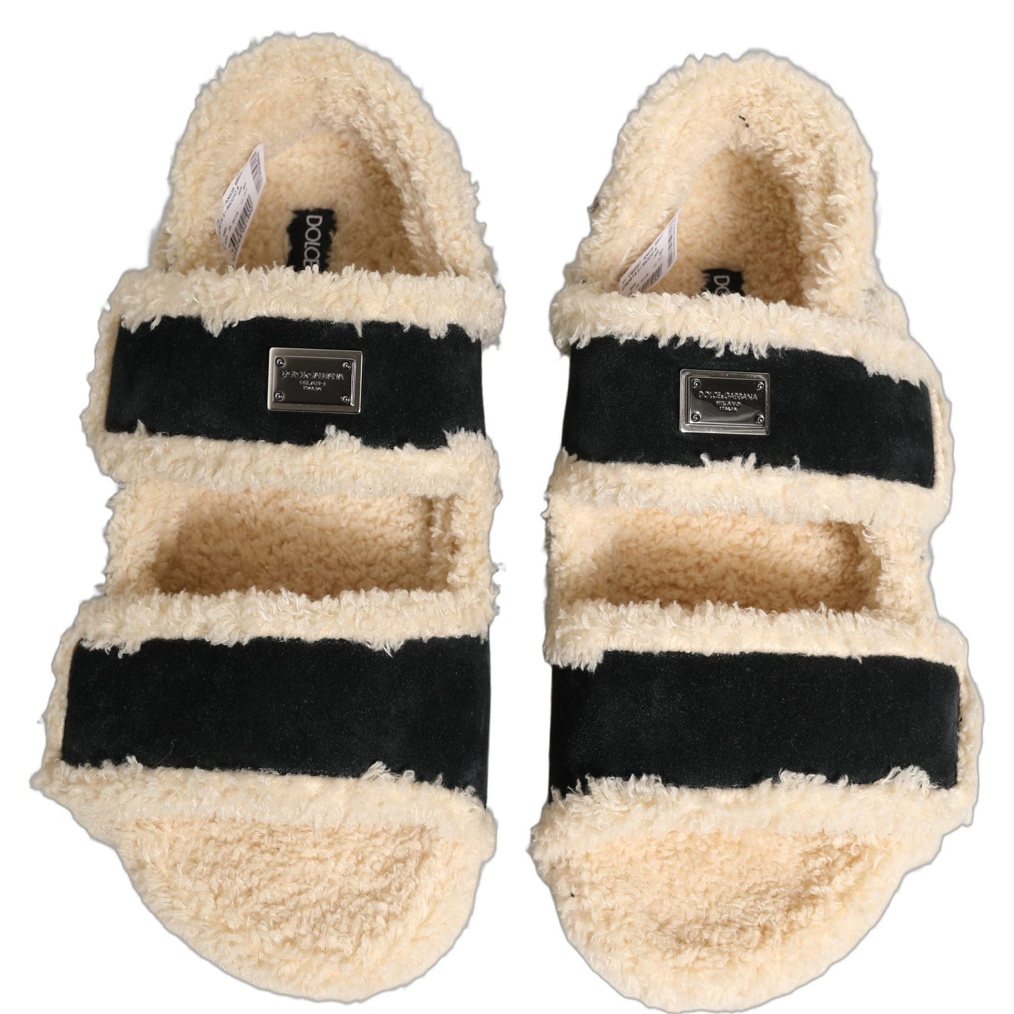 Dolce & Gabbana Beige Black Faux Fur Flats Men Sandals Shoes
