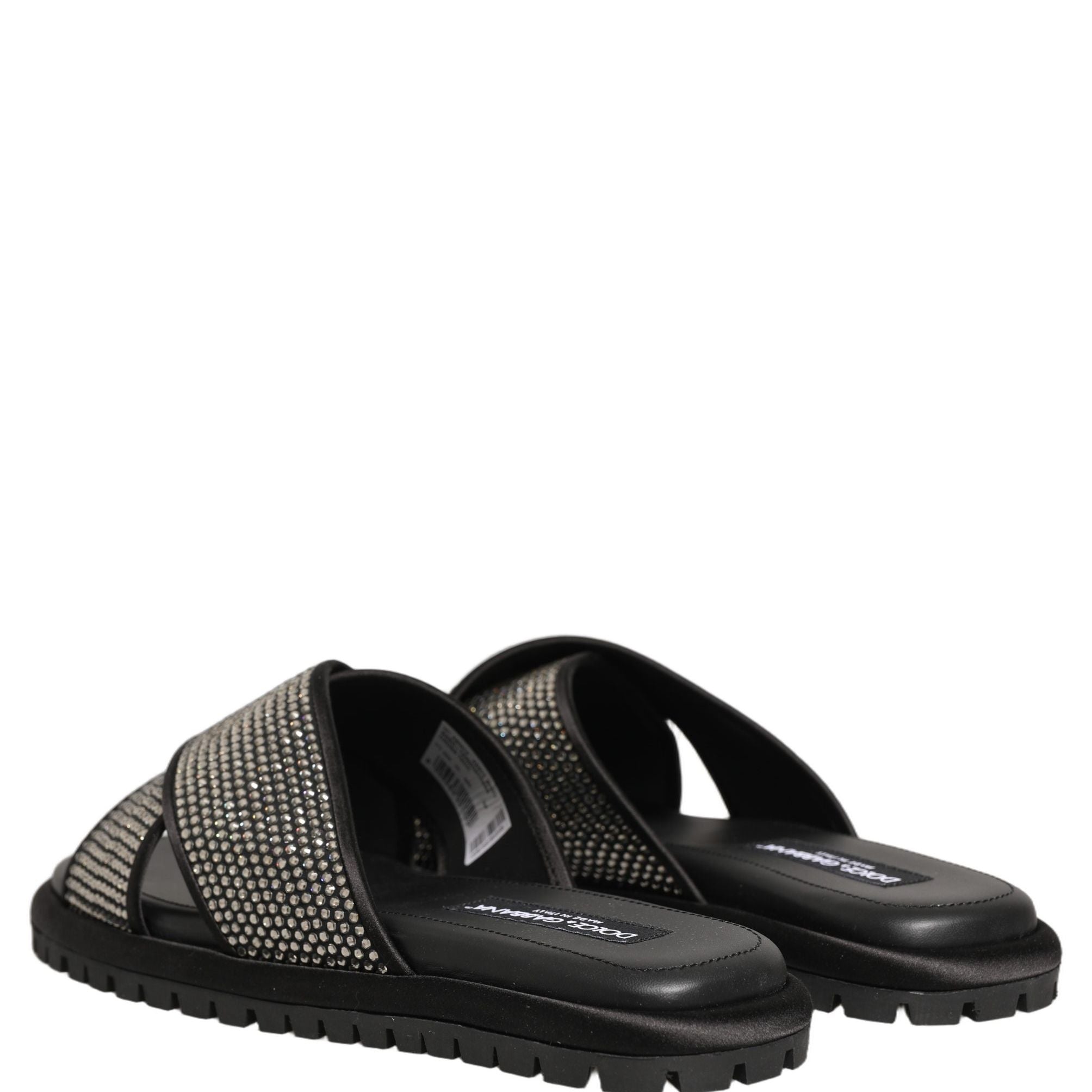 Dolce & Gabbana Black Strass Criss Cross Slide Sandals Shoes
