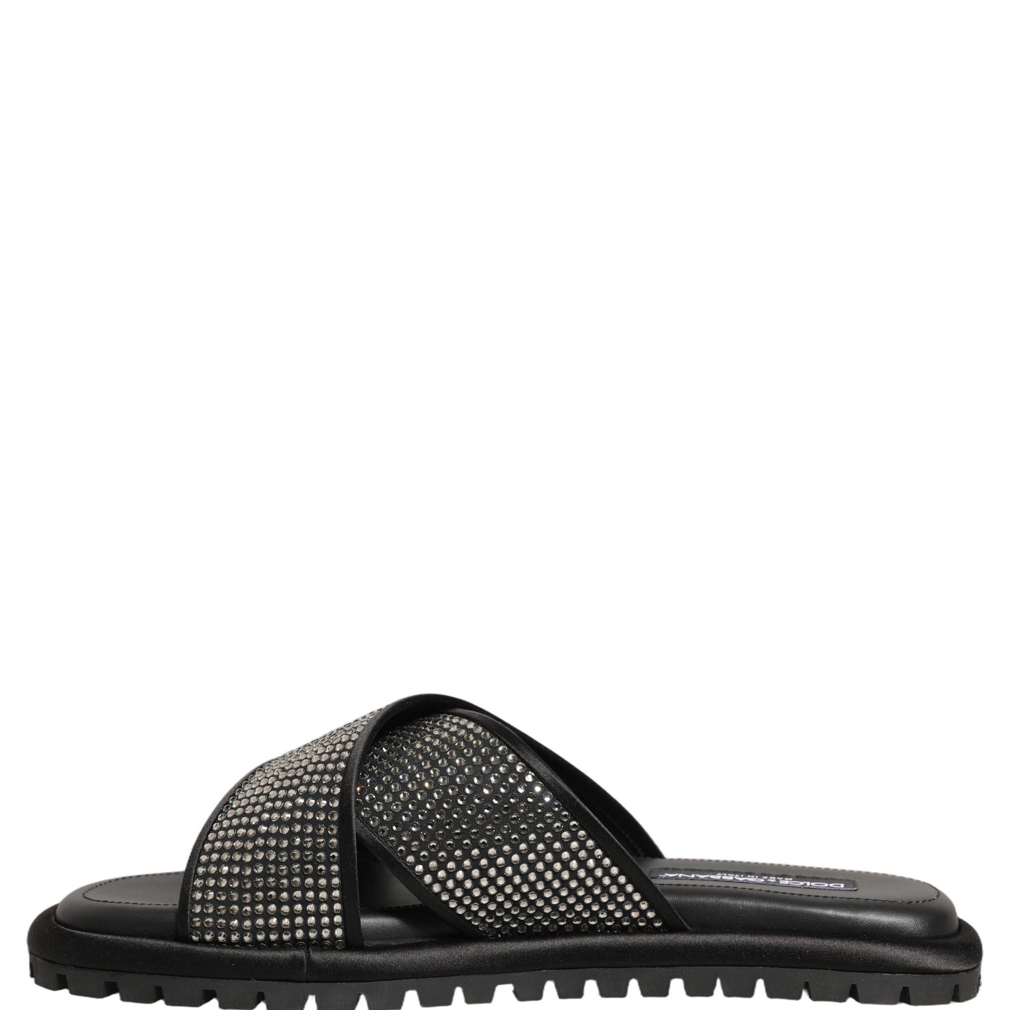 Dolce & Gabbana Black Strass Criss Cross Slide Sandals Shoes