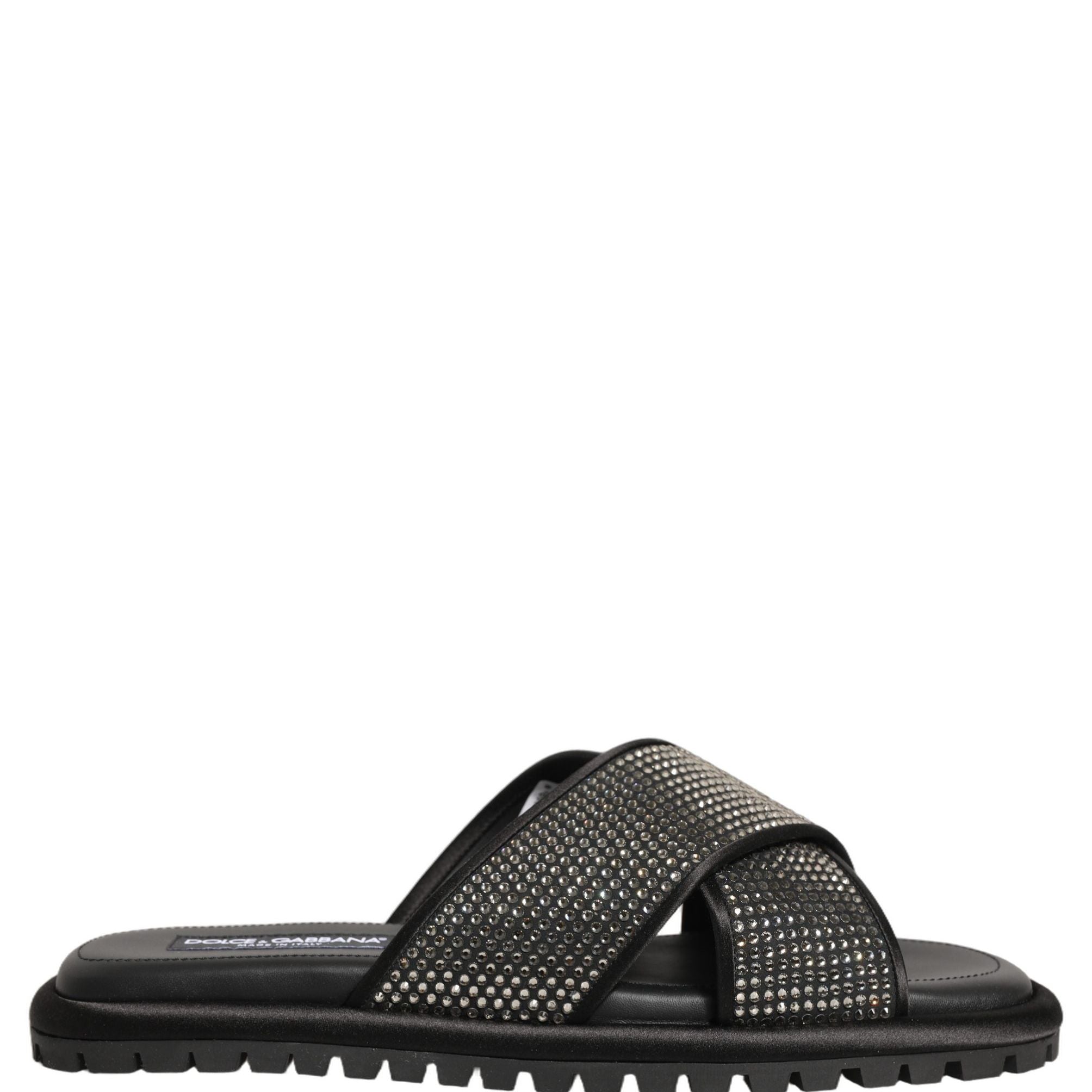 Dolce & Gabbana Black Strass Criss Cross Slide Sandals Shoes
