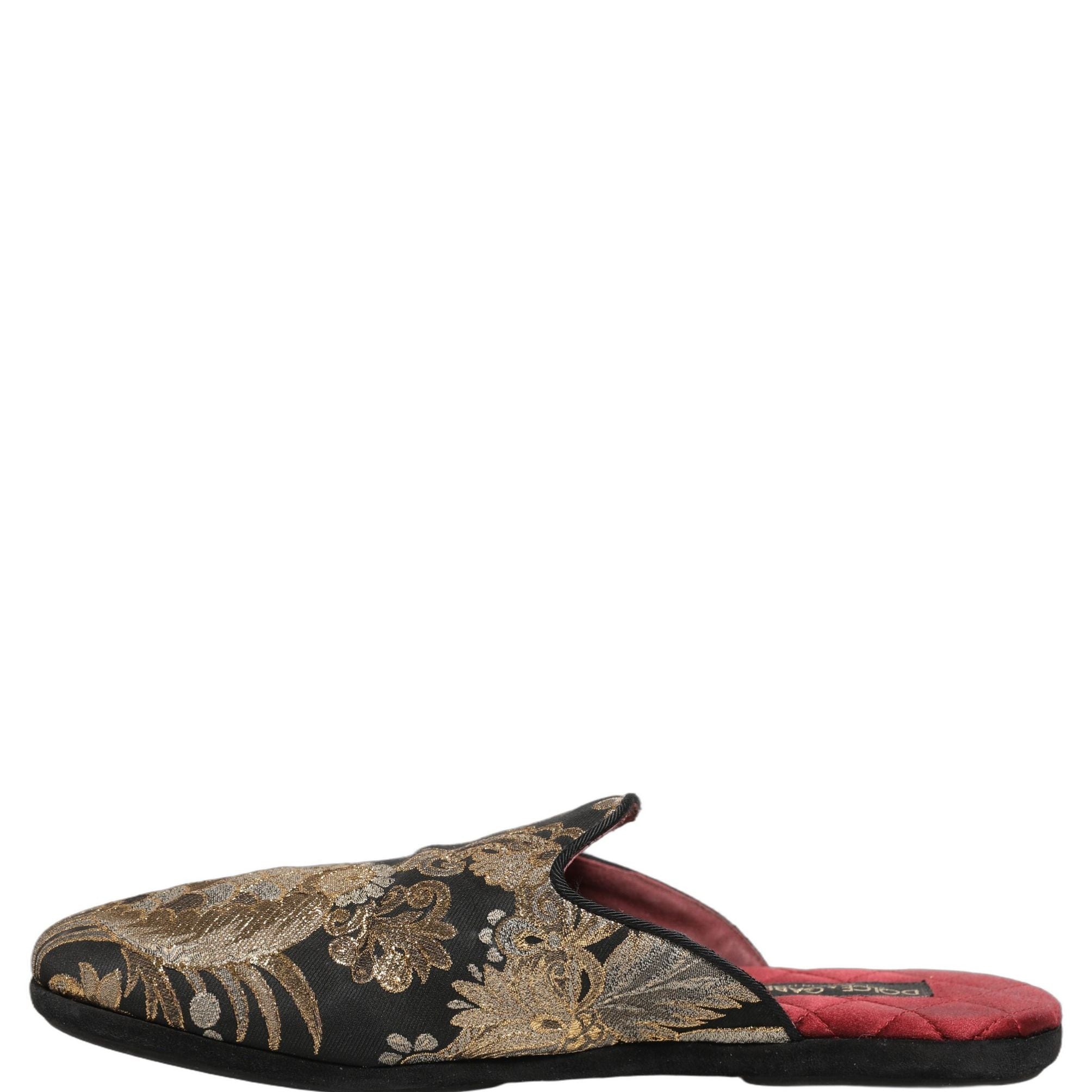 Dolce & Gabbana Black Floral Jacquard Flats Sandals Men Shoes
