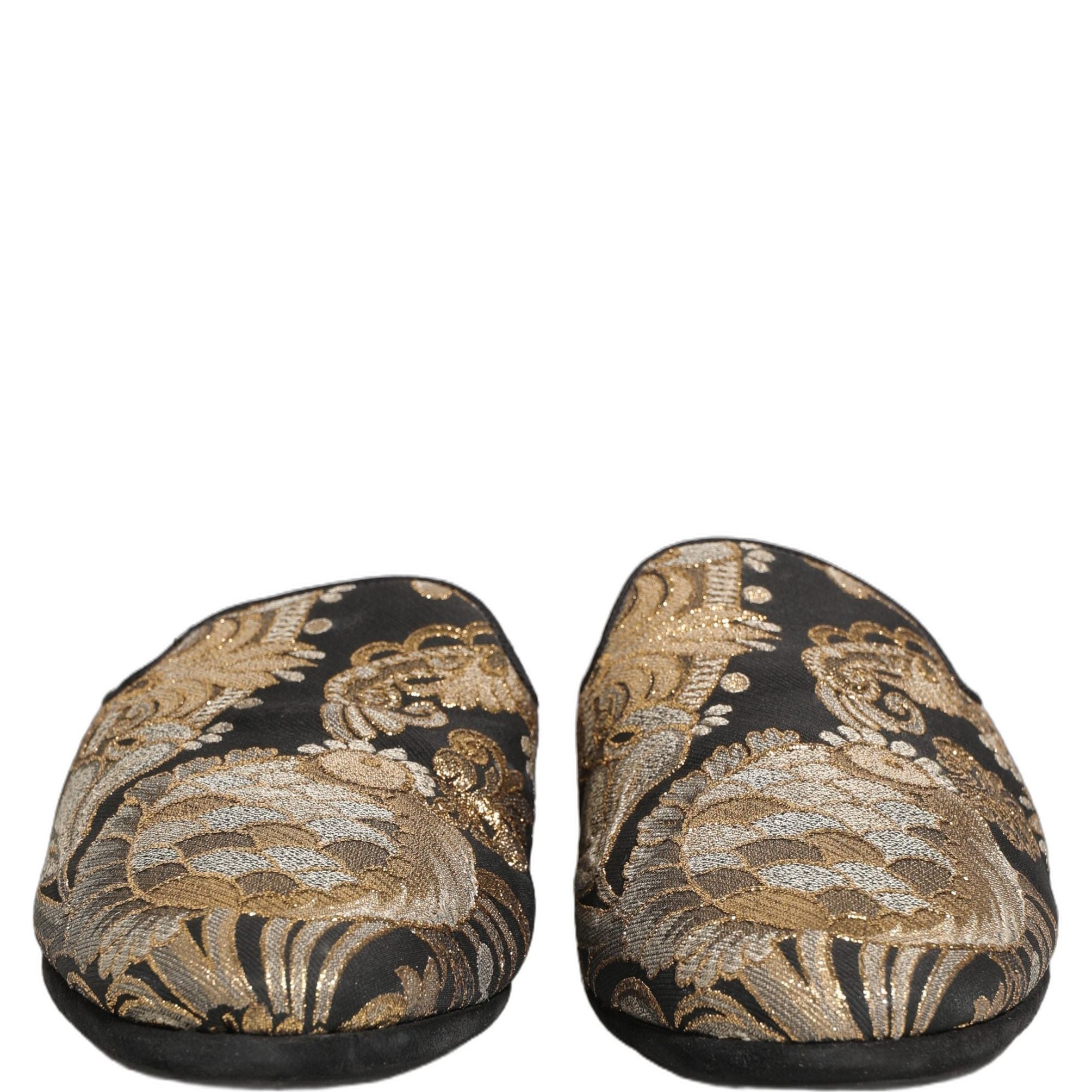 Dolce & Gabbana Black Floral Jacquard Flats Sandals Men Shoes
