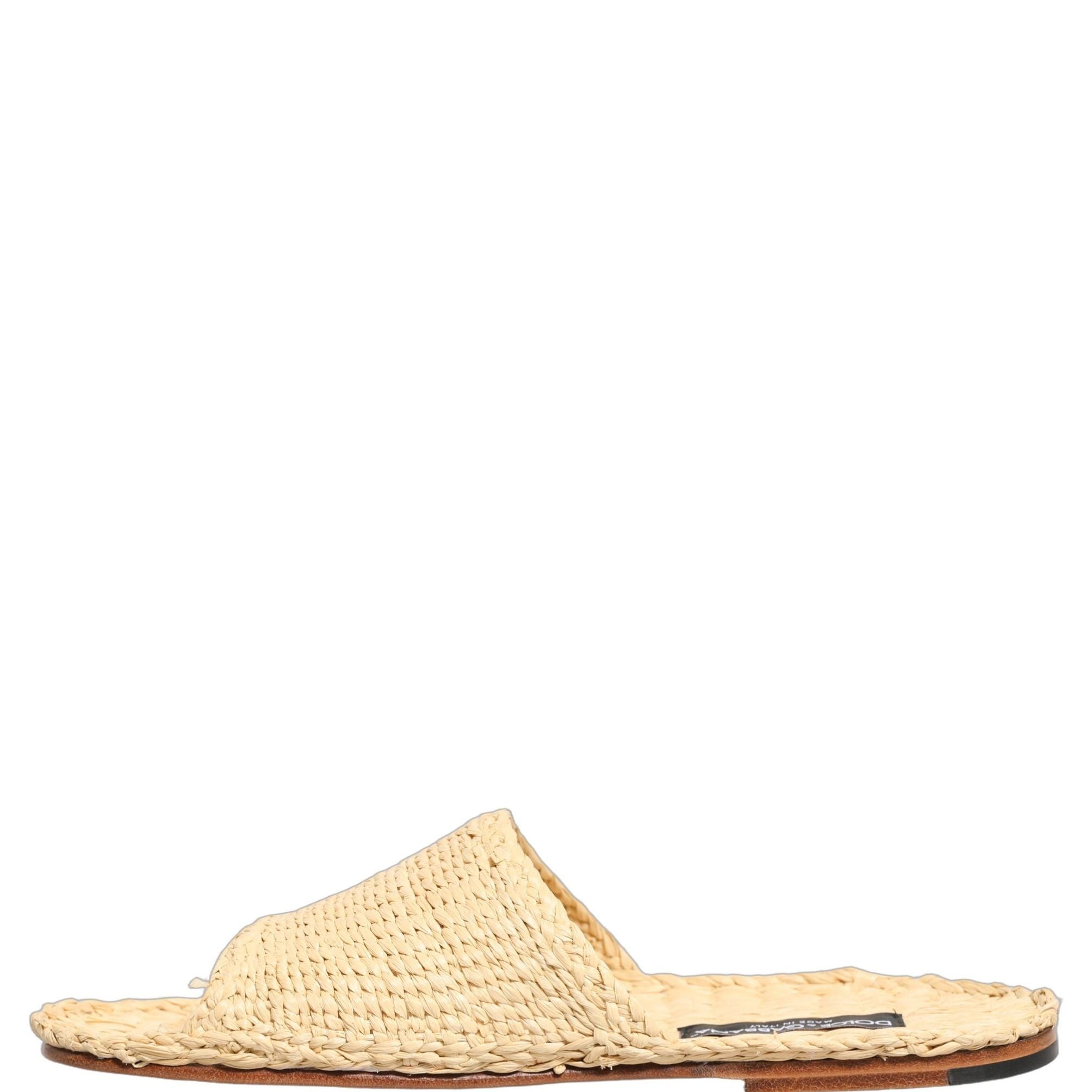 Dolce & Gabbana Beige Straw Raffia Slides Sandals Flats Shoes