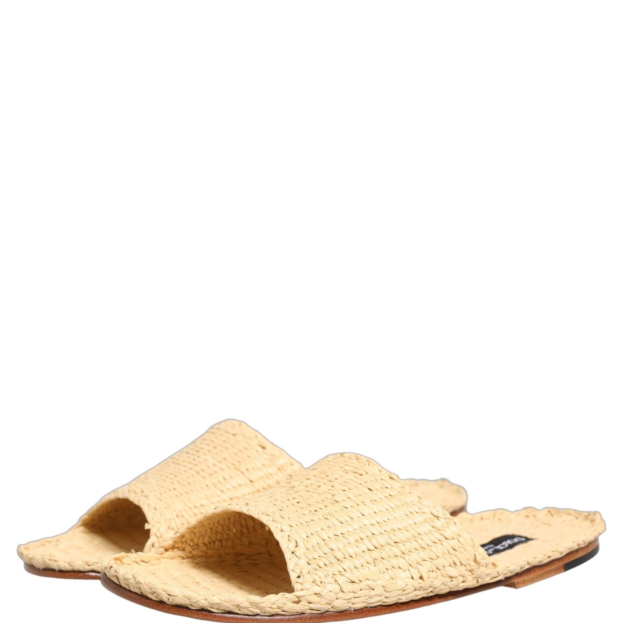 Dolce & Gabbana Beige Straw Raffia Slides Sandals Flats Shoes