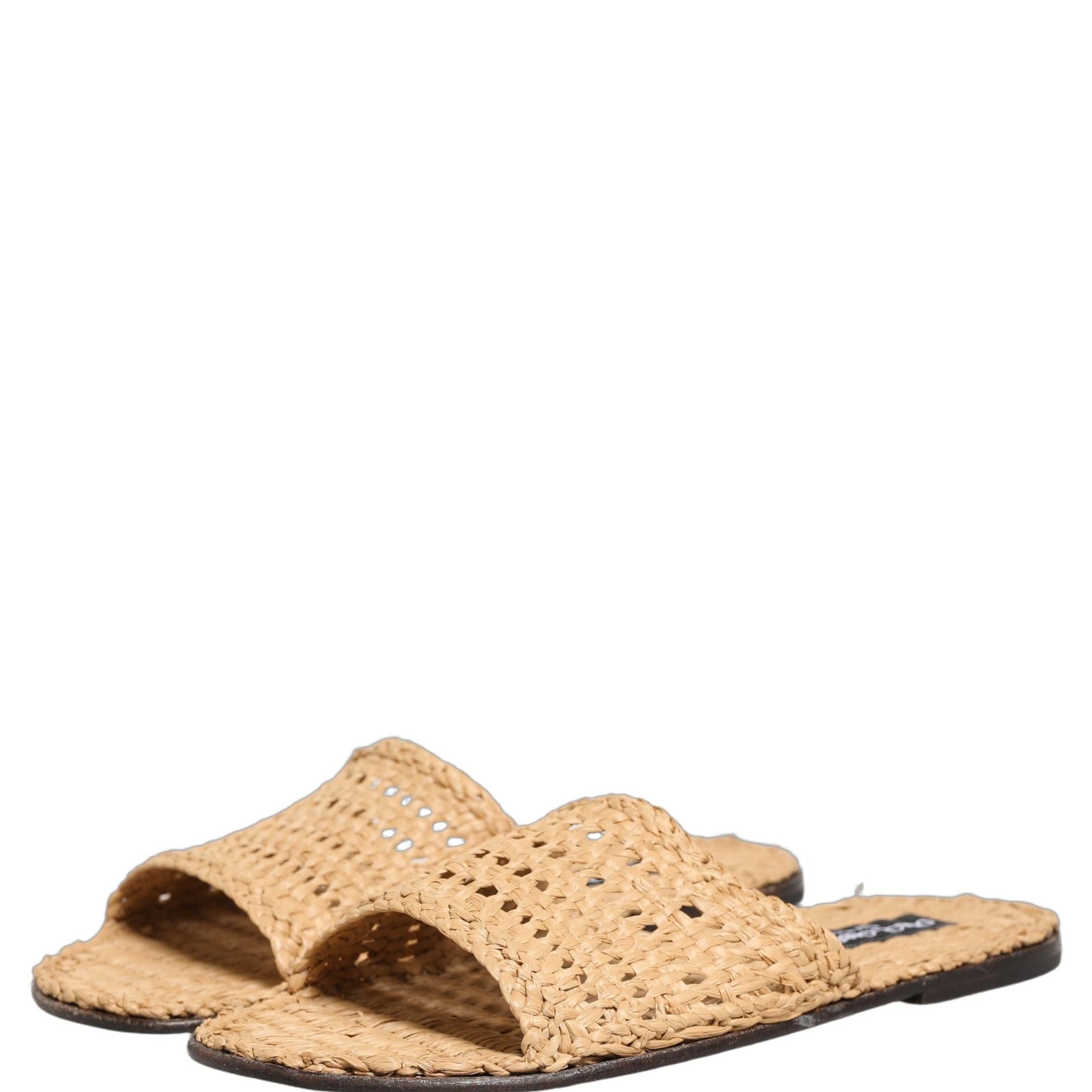 Dolce & Gabbana Beige Straw Raffia Slides Sandals Flats Shoes