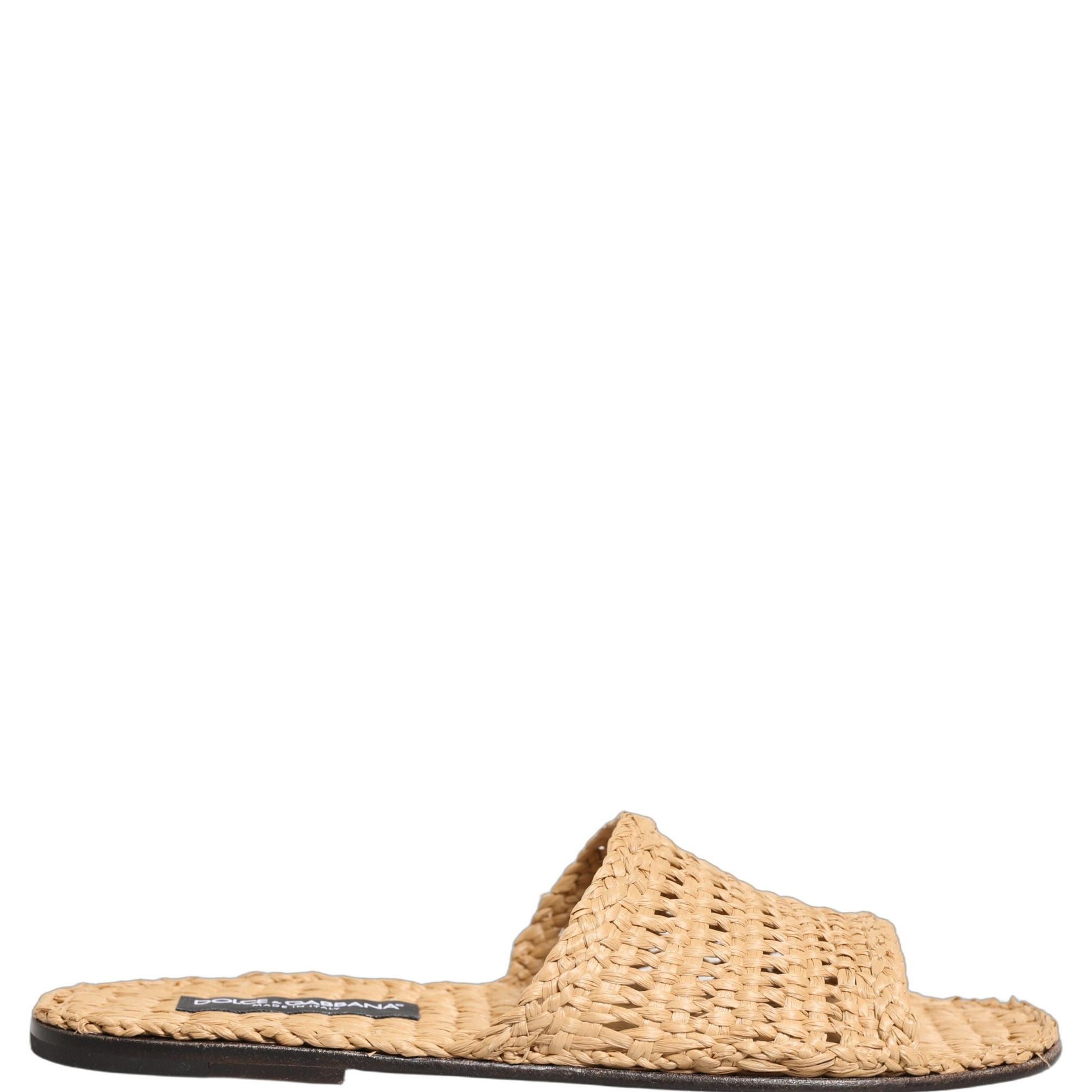 Dolce & Gabbana Beige Straw Raffia Slides Sandals Flats Shoes