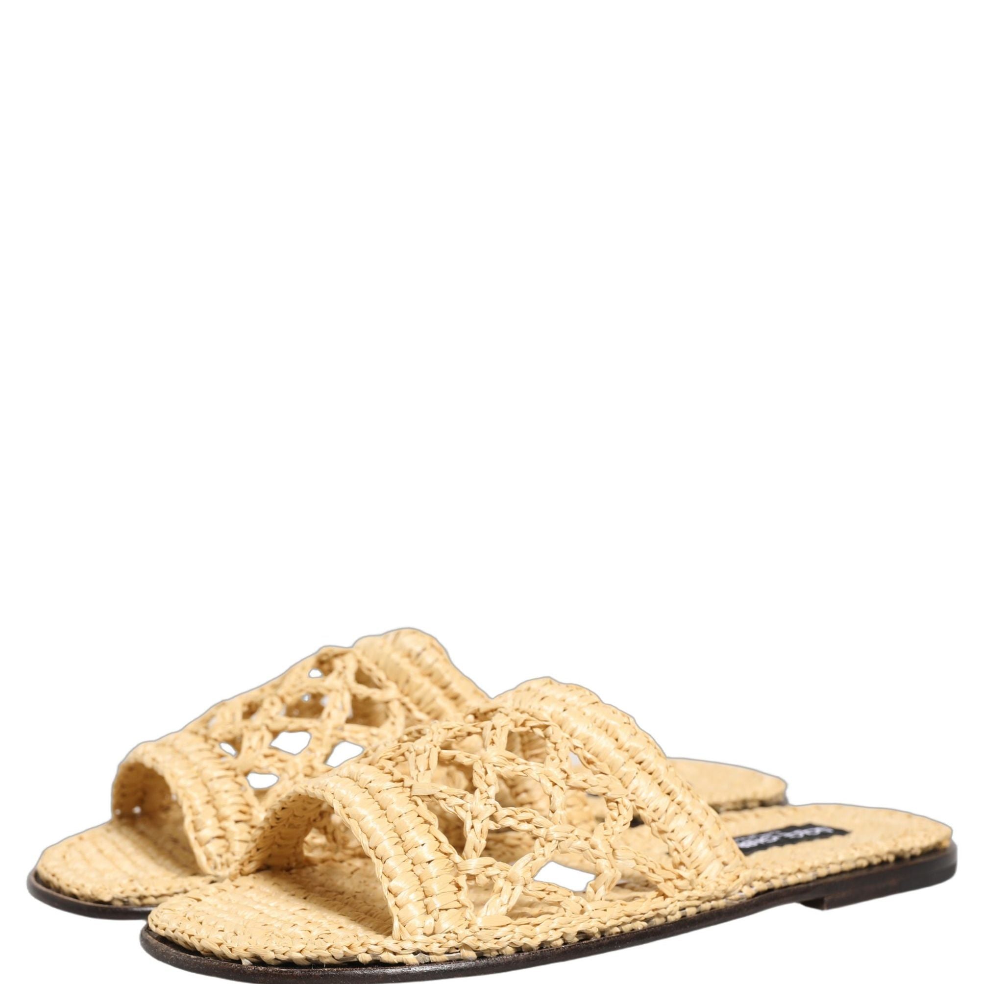 Dolce & Gabbana Beige Straw Raffia Slides Sandals Flats Shoes