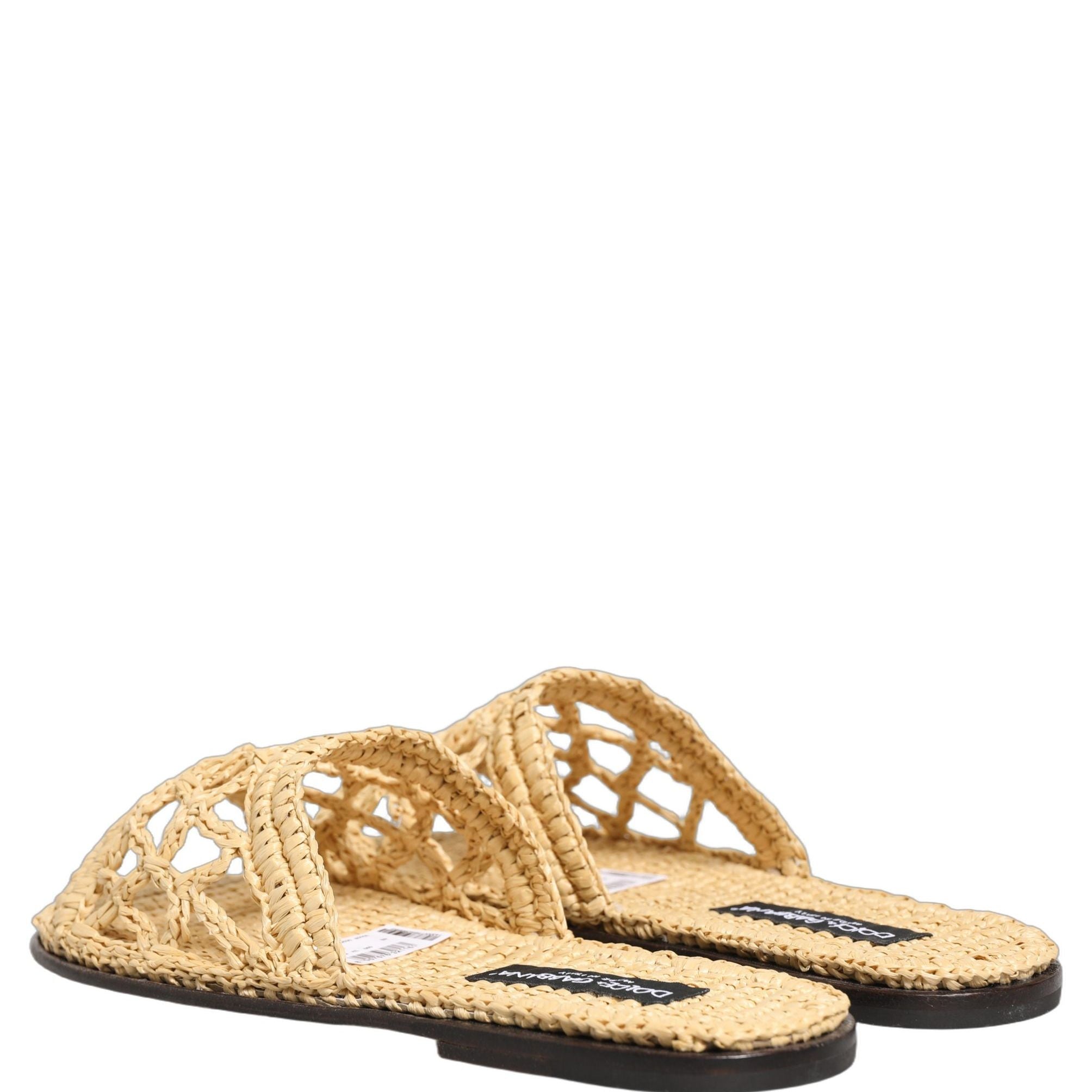 Dolce & Gabbana Beige Straw Raffia Slides Sandals Flats Shoes