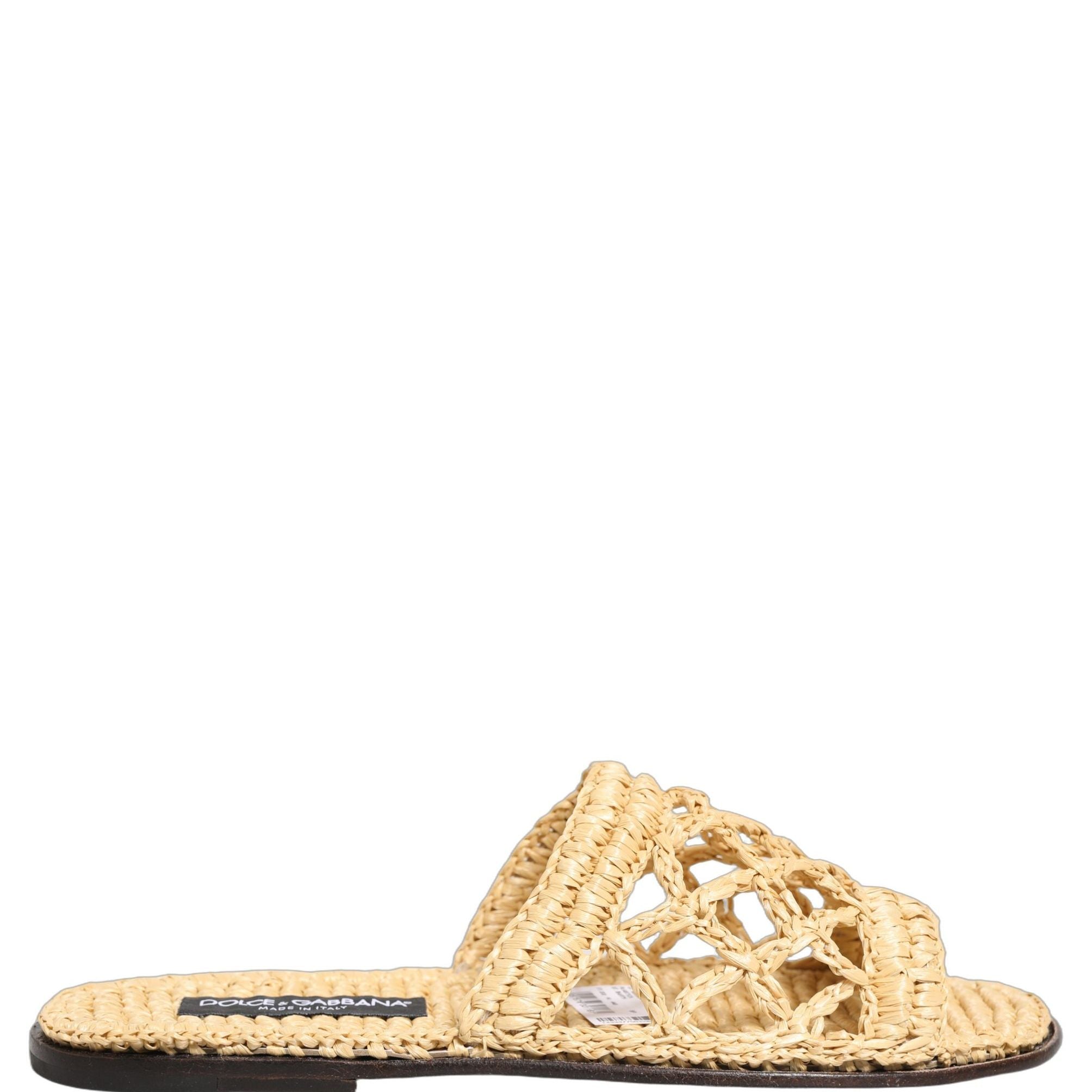 Dolce & Gabbana Beige Straw Raffia Slides Sandals Flats Shoes