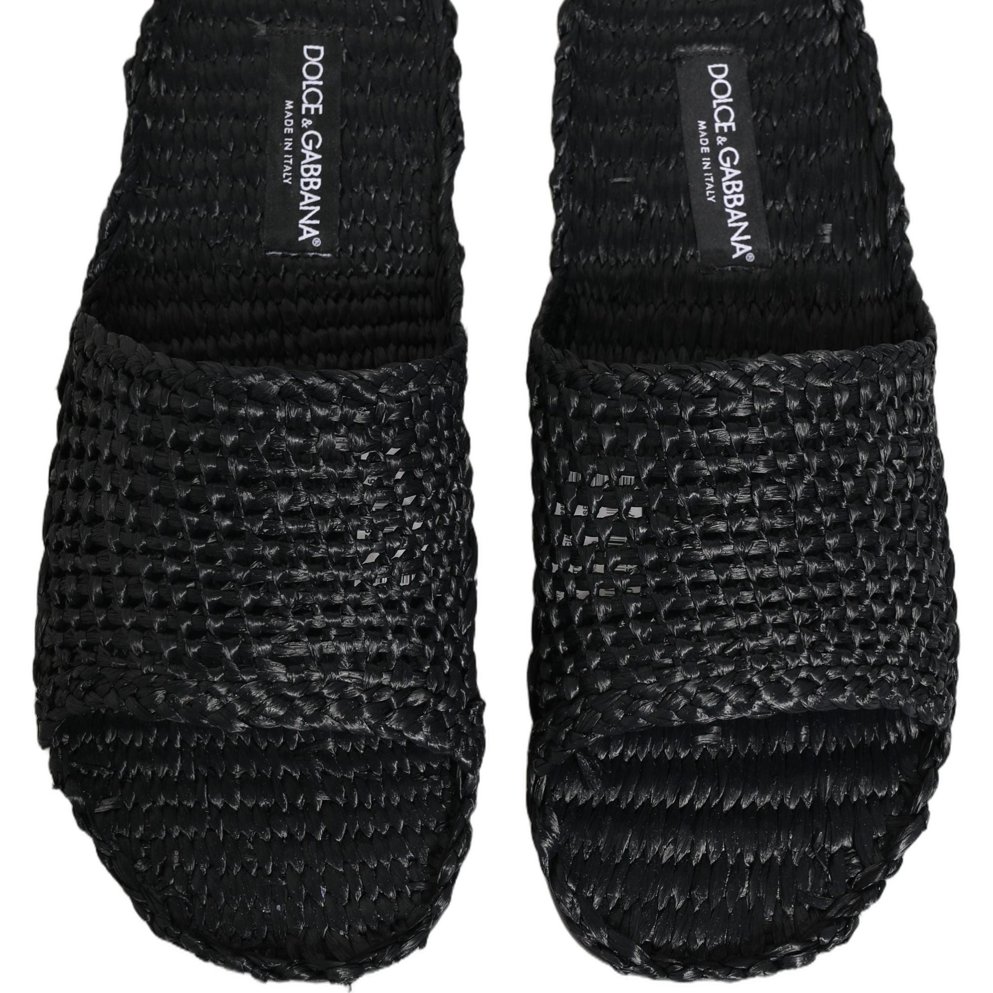Dolce & Gabbana Black Straw Raffia Slides Sandals Flats Shoes