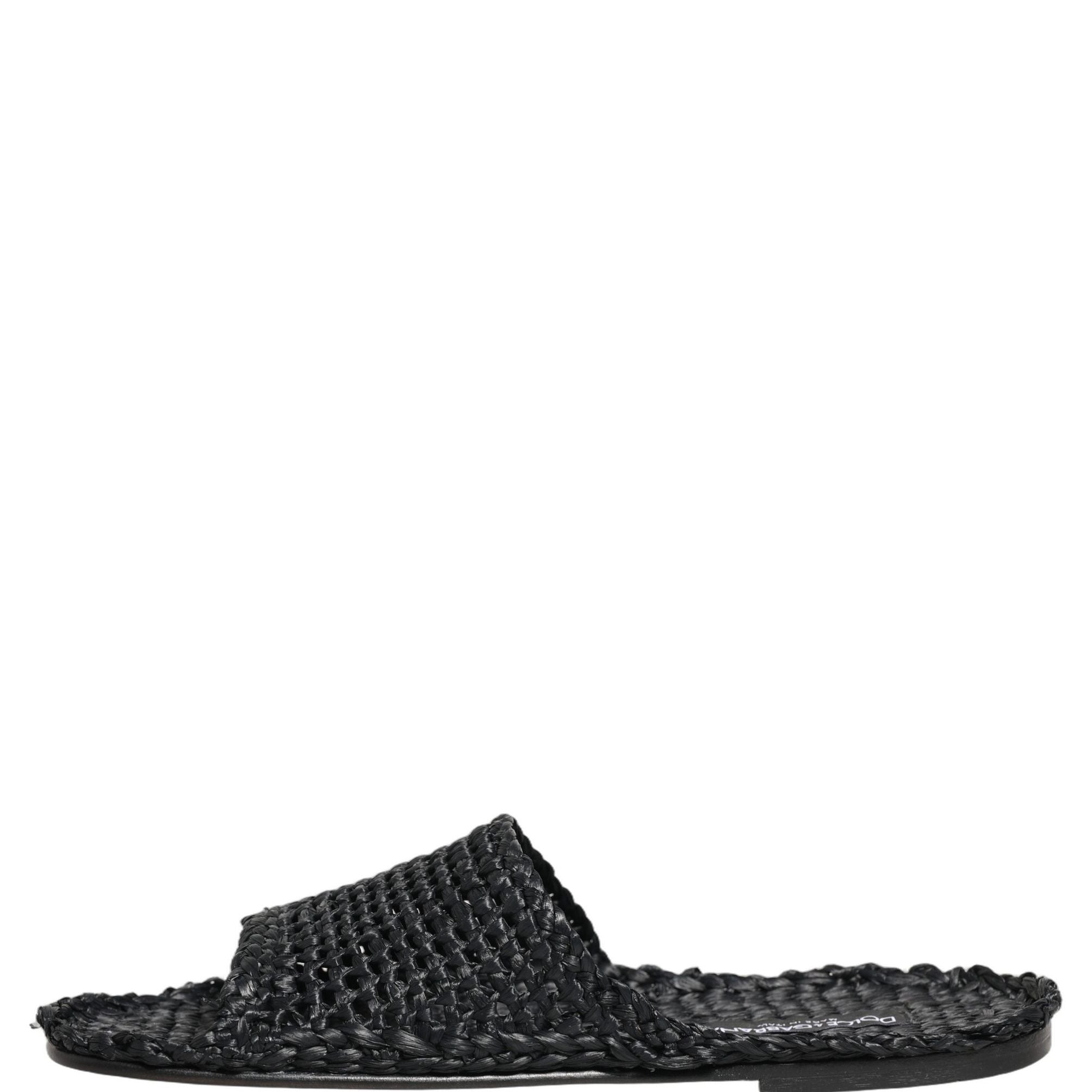 Dolce & Gabbana Black Straw Raffia Slides Sandals Flats Shoes