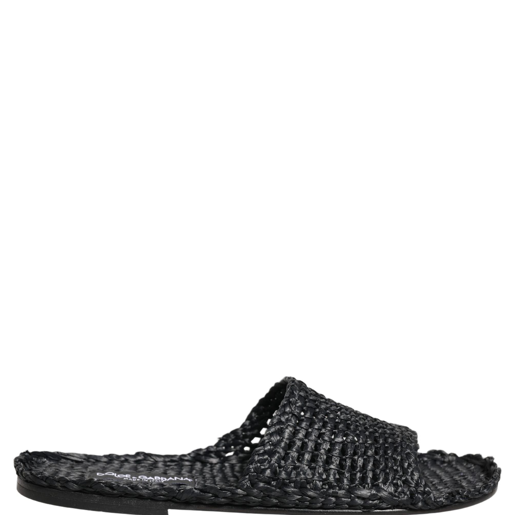 Dolce & Gabbana Black Straw Raffia Slides Sandals Flats Shoes