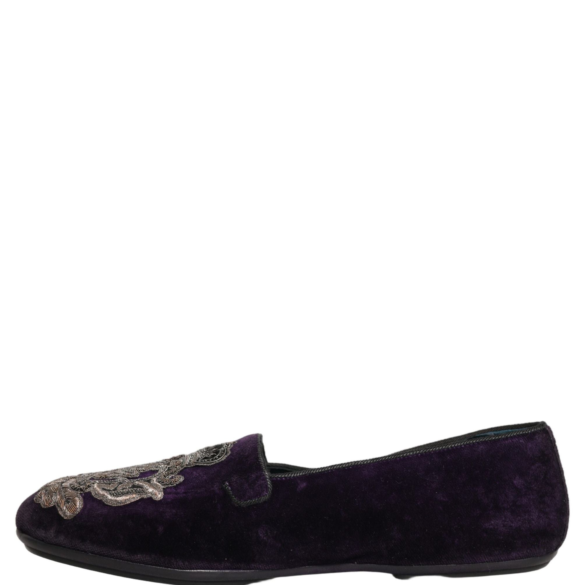Dolce & Gabbana Purple Velvet Crown Embroidery Loafers Shoes