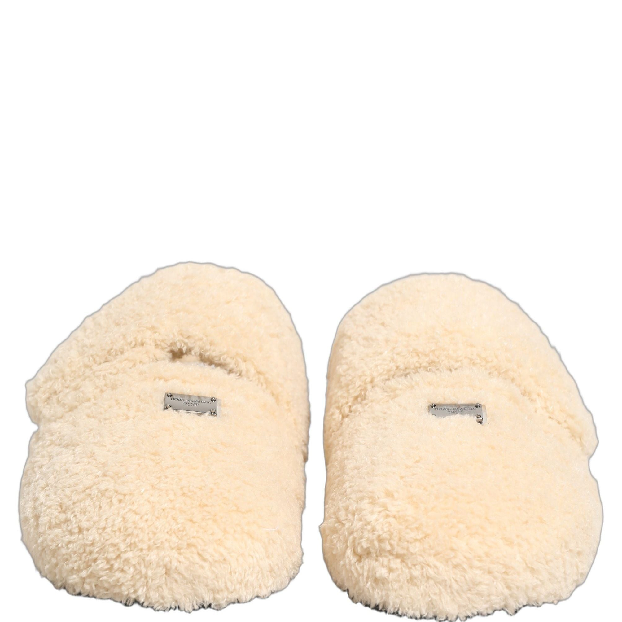 Dolce & Gabbana Beige Faux Fur Flats Men Slides Sandals Shoes