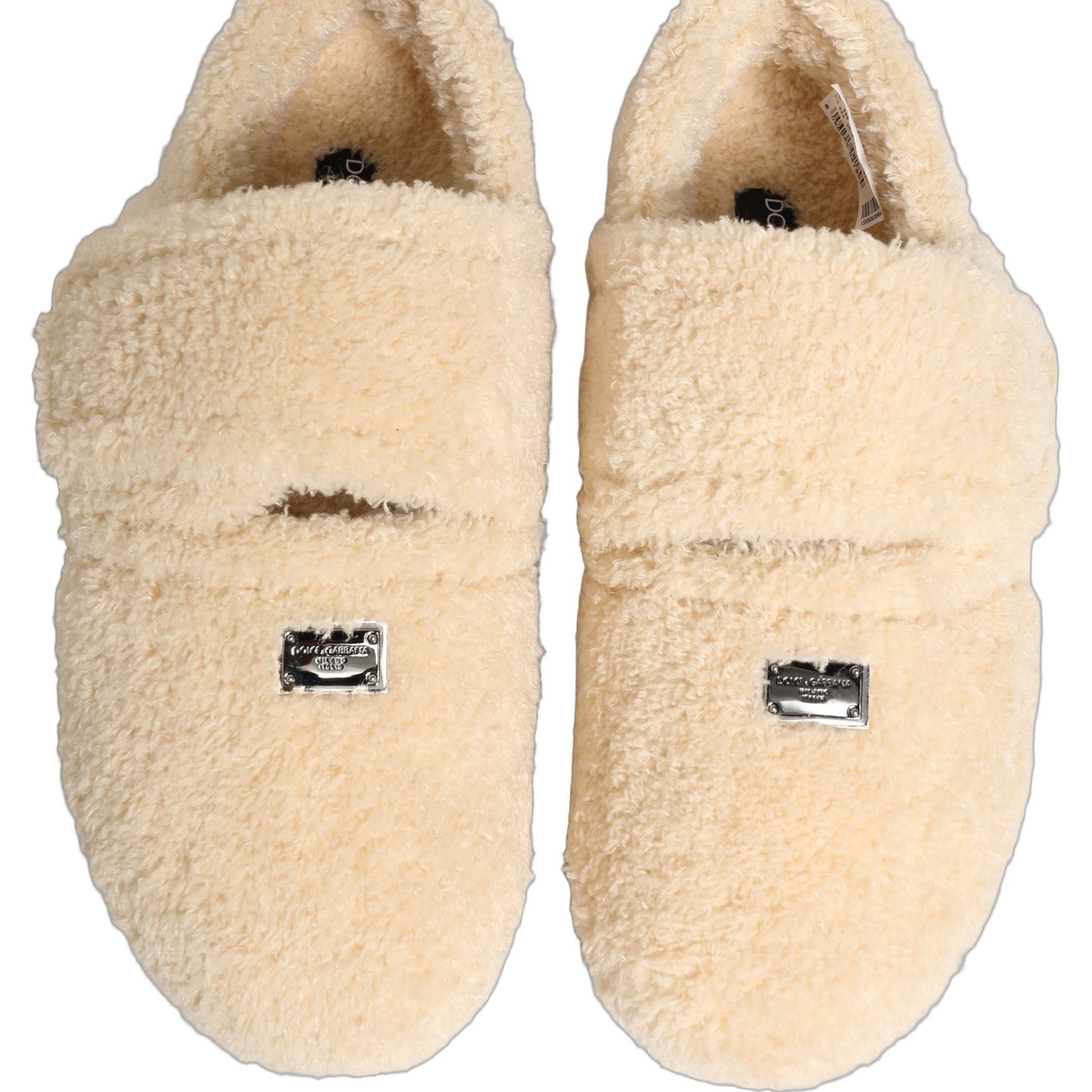 Dolce & Gabbana Beige Faux Fur Flats Men Slides Sandals Shoes