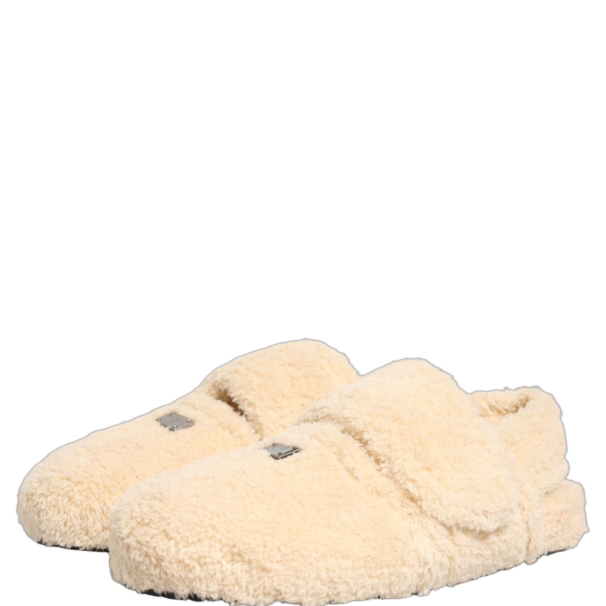 Dolce & Gabbana Beige Faux Fur Flats Men Slides Sandals Shoes
