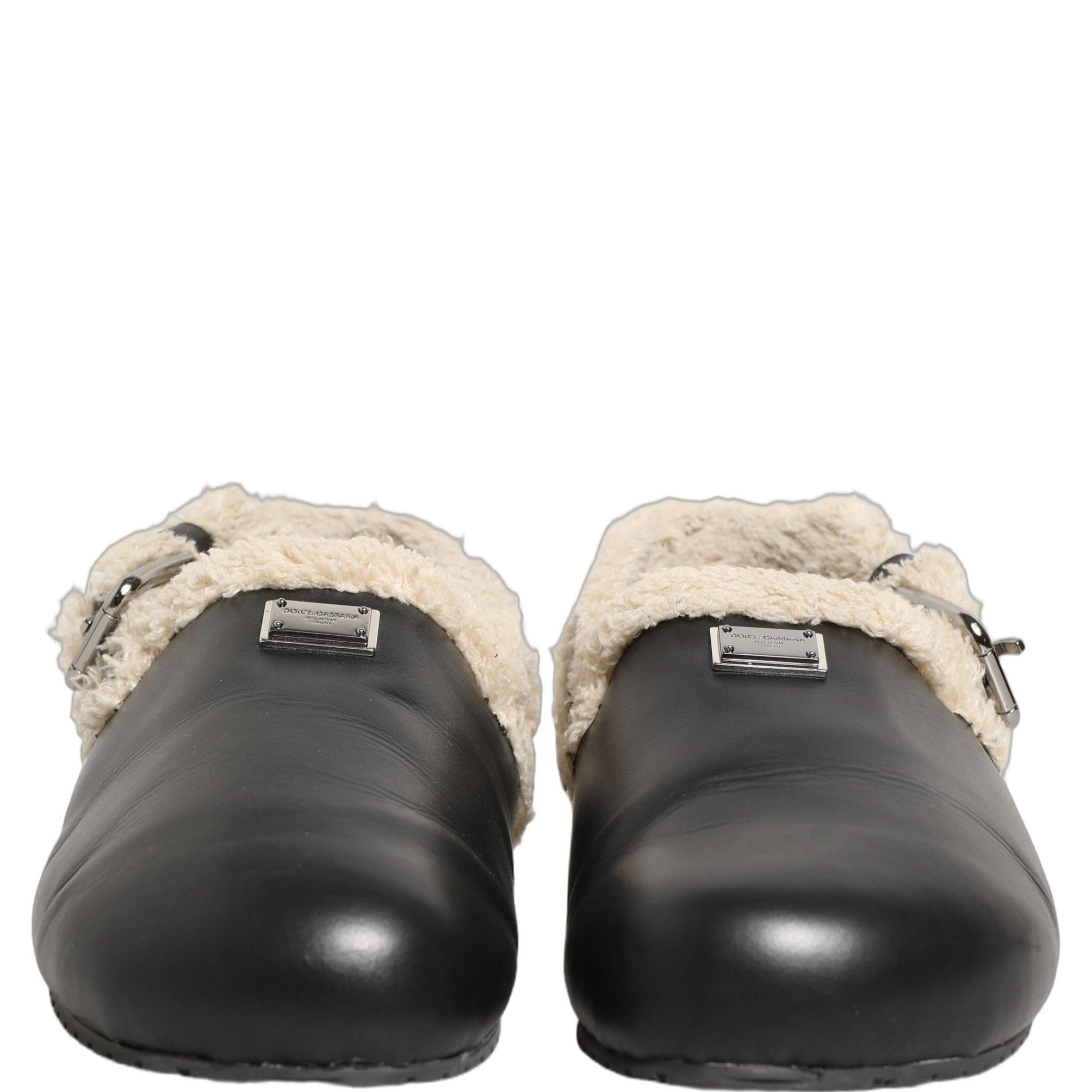 Dolce & Gabbana Beige Black Fur Shearling Slides Sandals Shoes