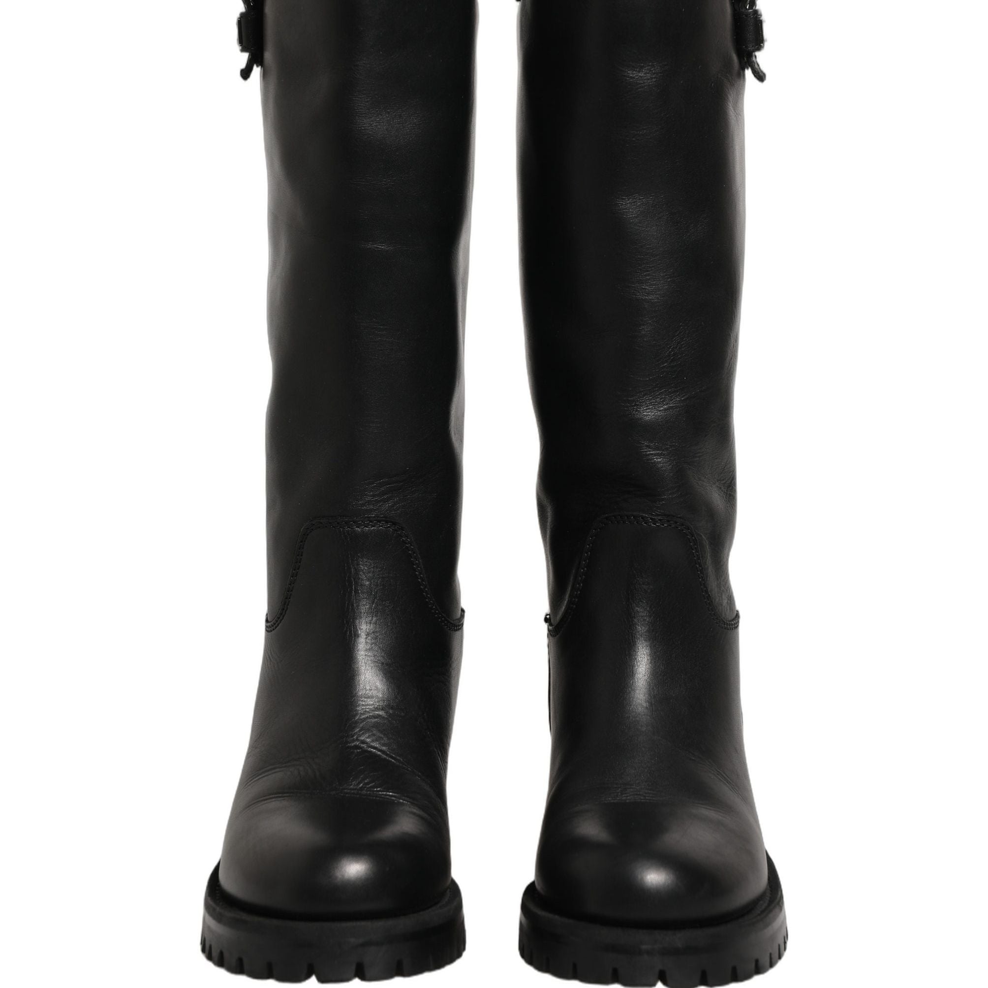 Dolce & Gabbana Black Leather Buckle Detail Mid Calf Boots Shoes