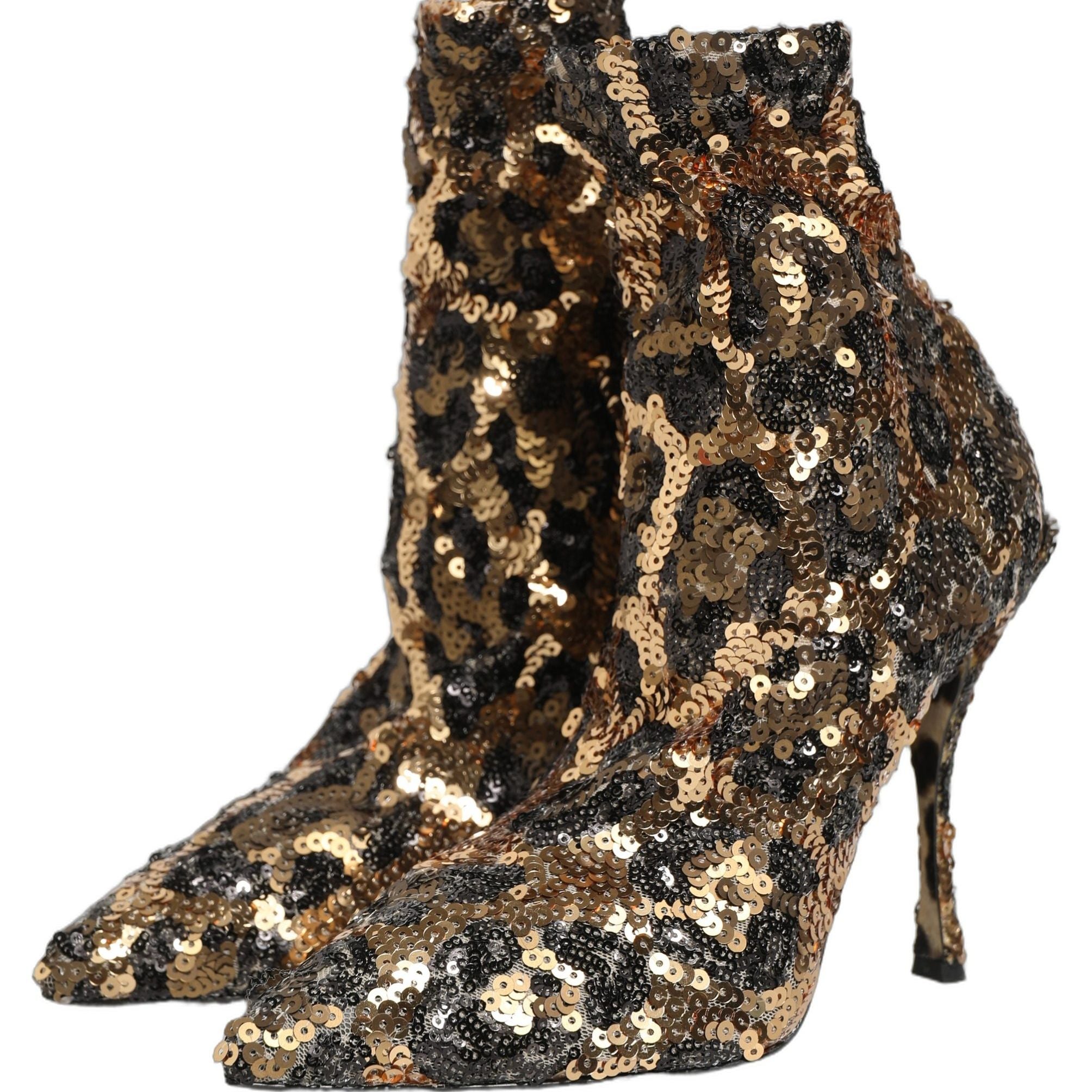Dolce & Gabbana Gold Leopard Sequin Sock Ankle Boots Shoes