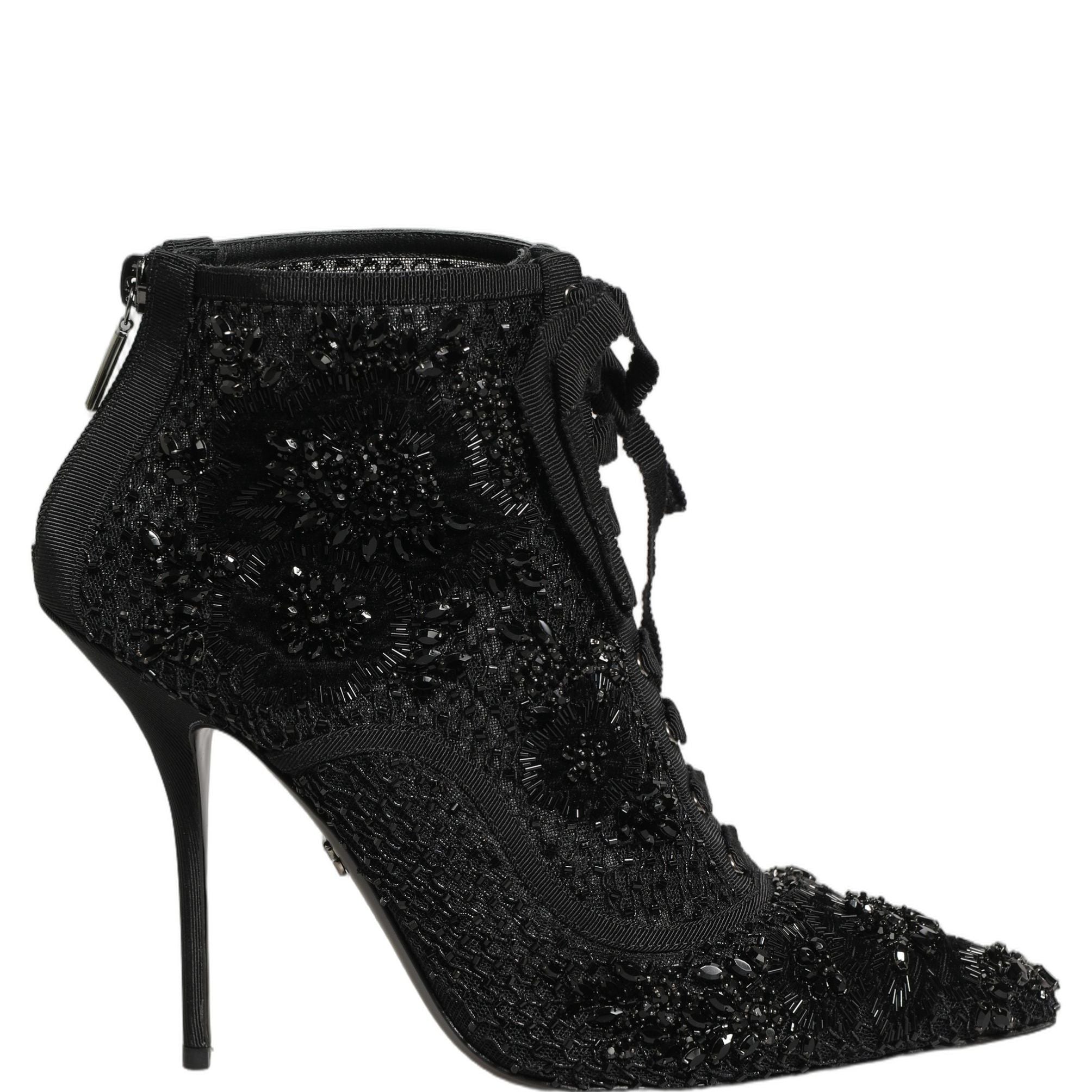 Dolce & Gabbana Black Embellished Mesh Ankle Boots Shoes