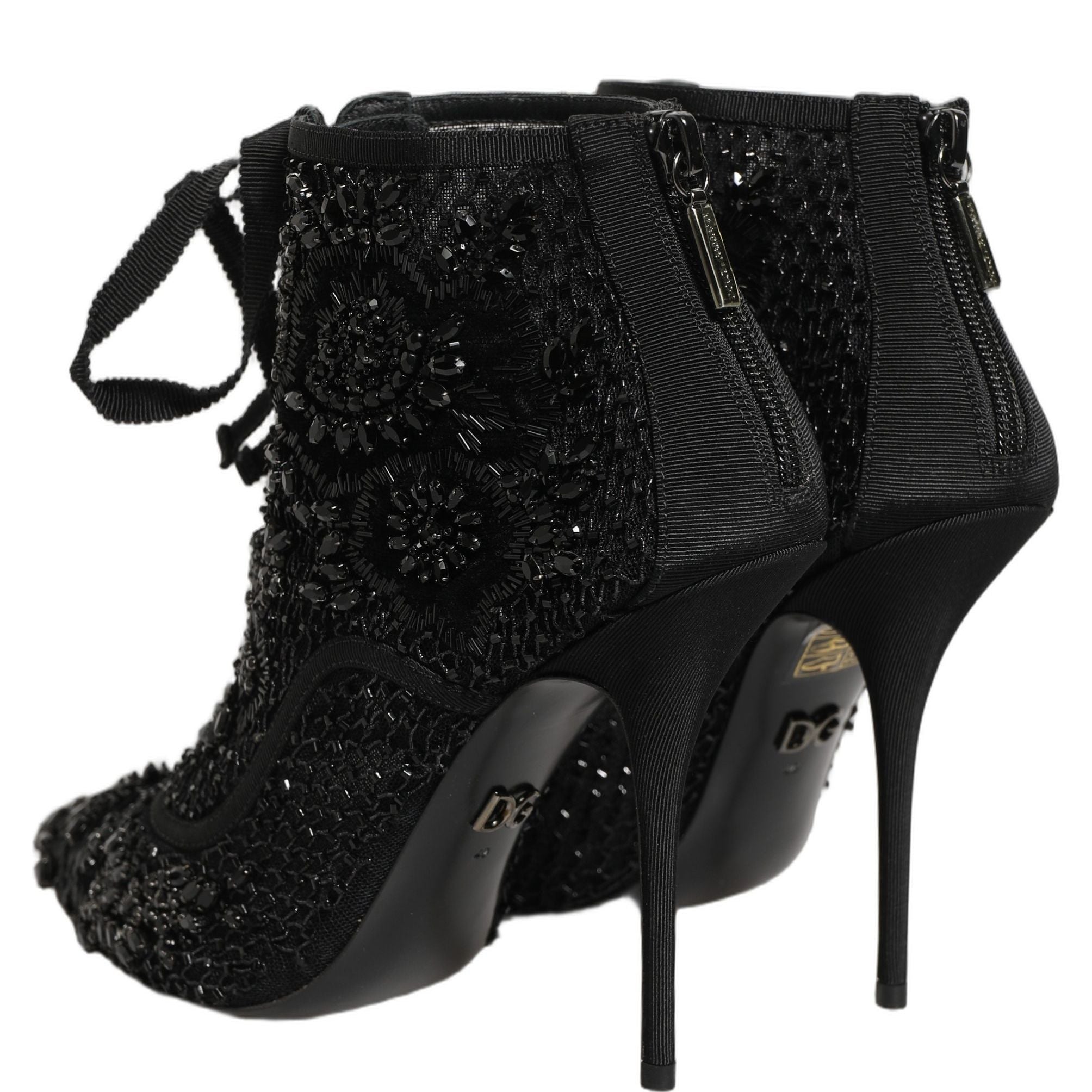 Dolce & Gabbana Black Embellished Mesh Ankle Boots Shoes