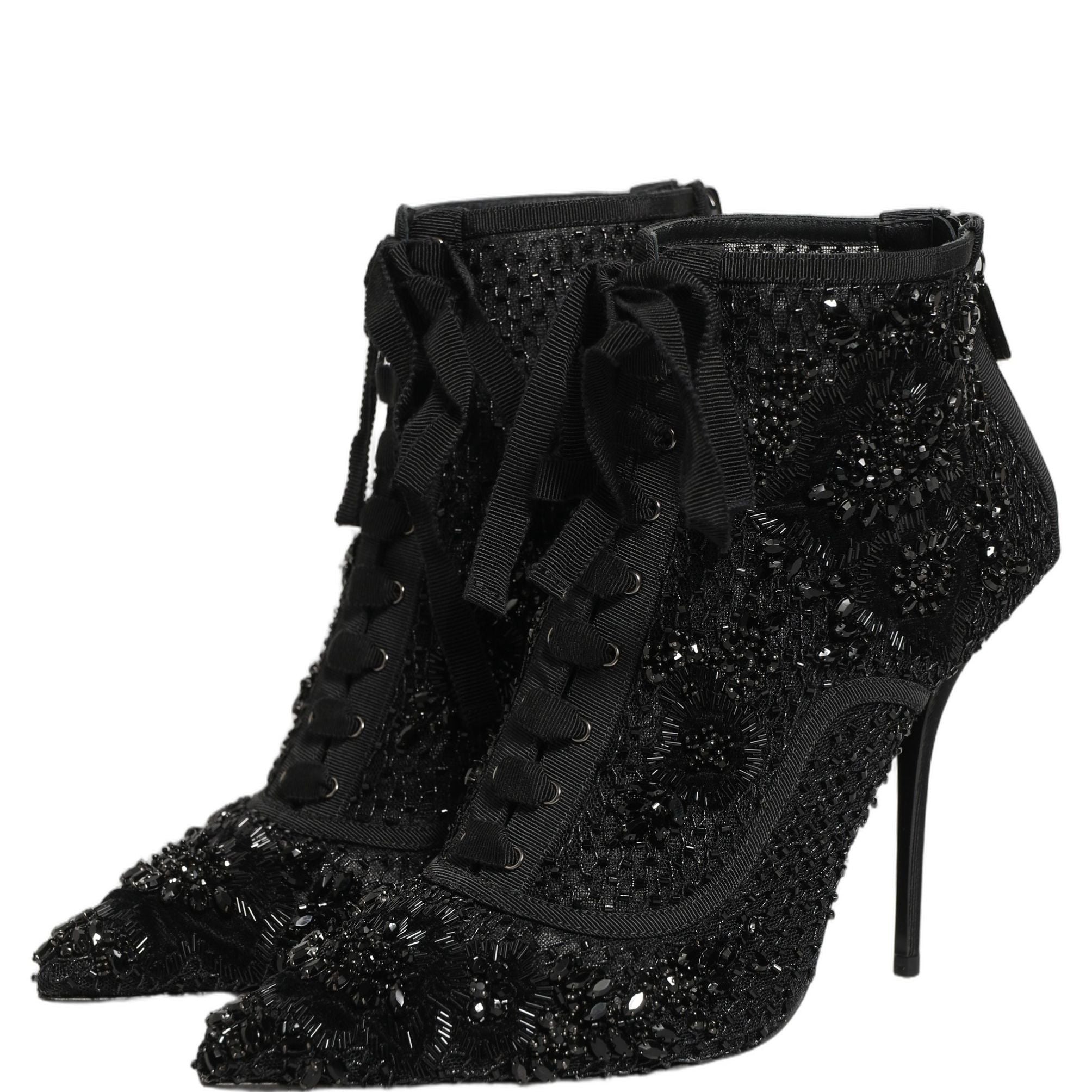 Dolce & Gabbana Black Embellished Mesh Ankle Boots Shoes