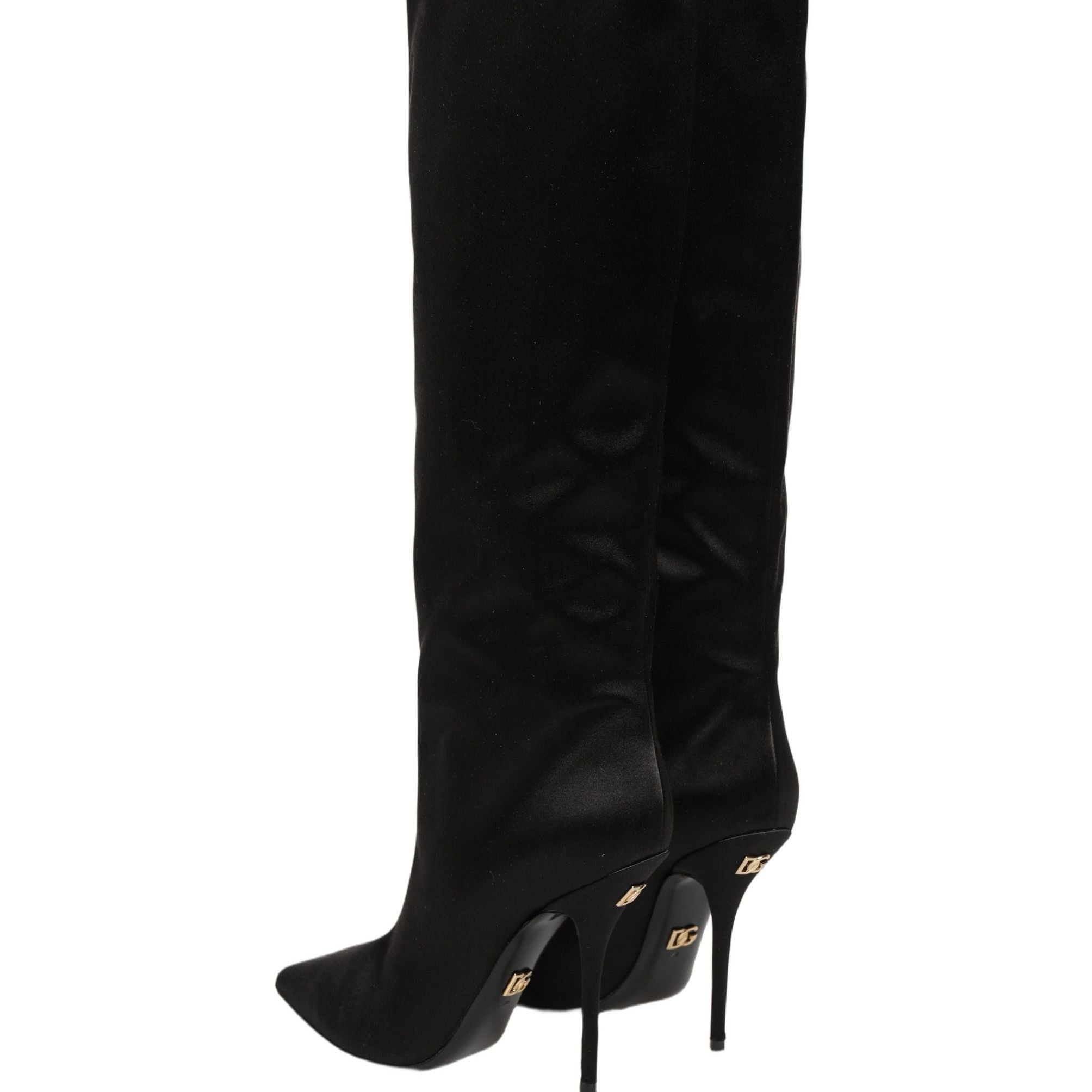 Dolce & Gabbana Black Satin Knee High Stiletto Boots Shoes