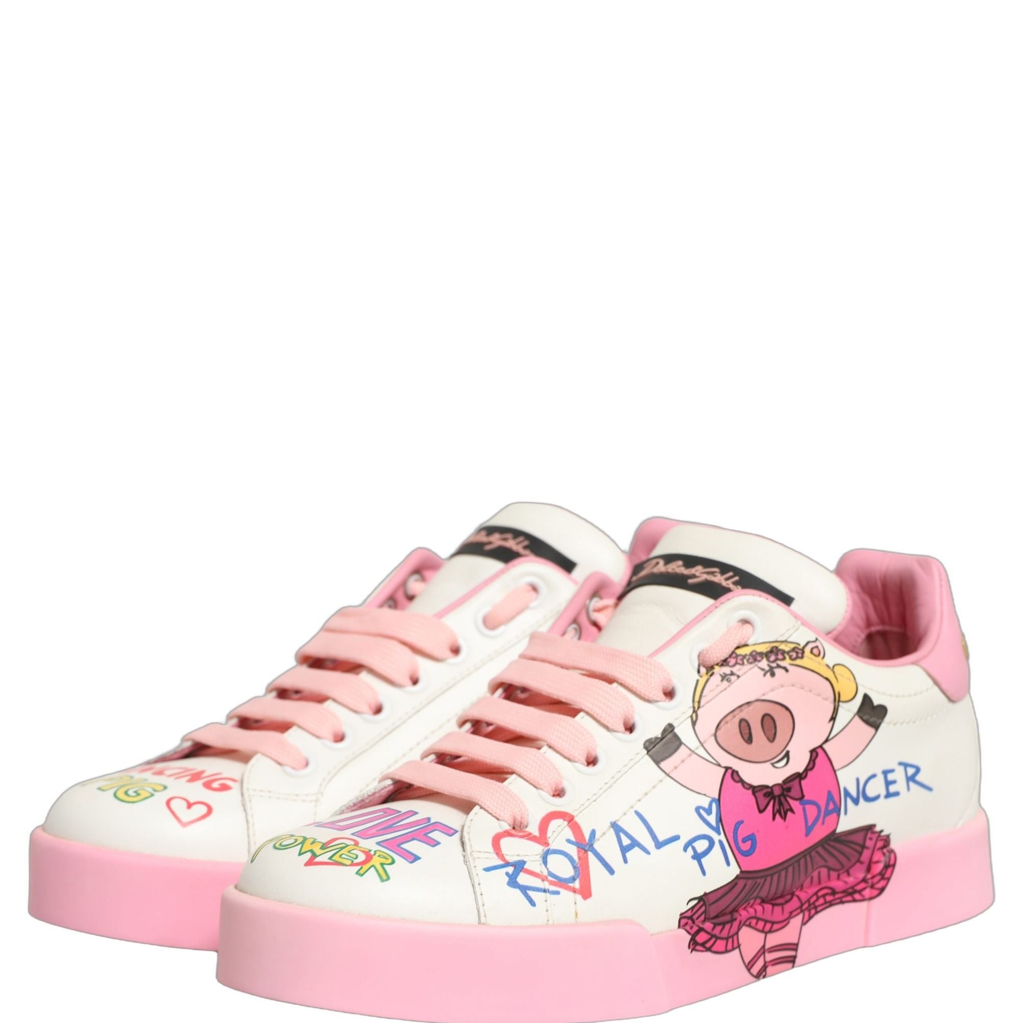 Dolce & Gabbana White Pink Portofino Royal Pig Sneakers Shoes