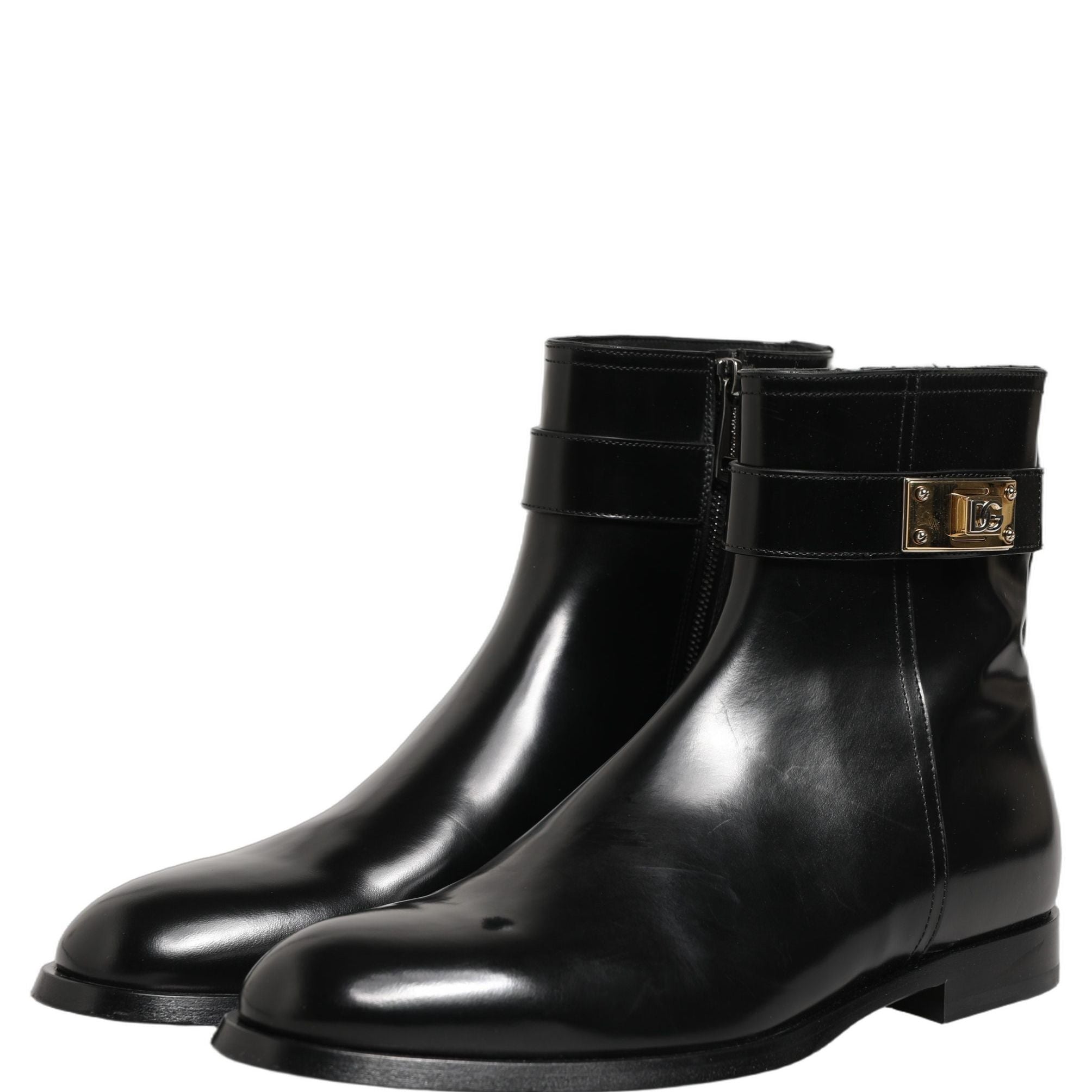 Dolce & Gabbana Black Leather Logo Buckle Mid Calf Boots Shoes