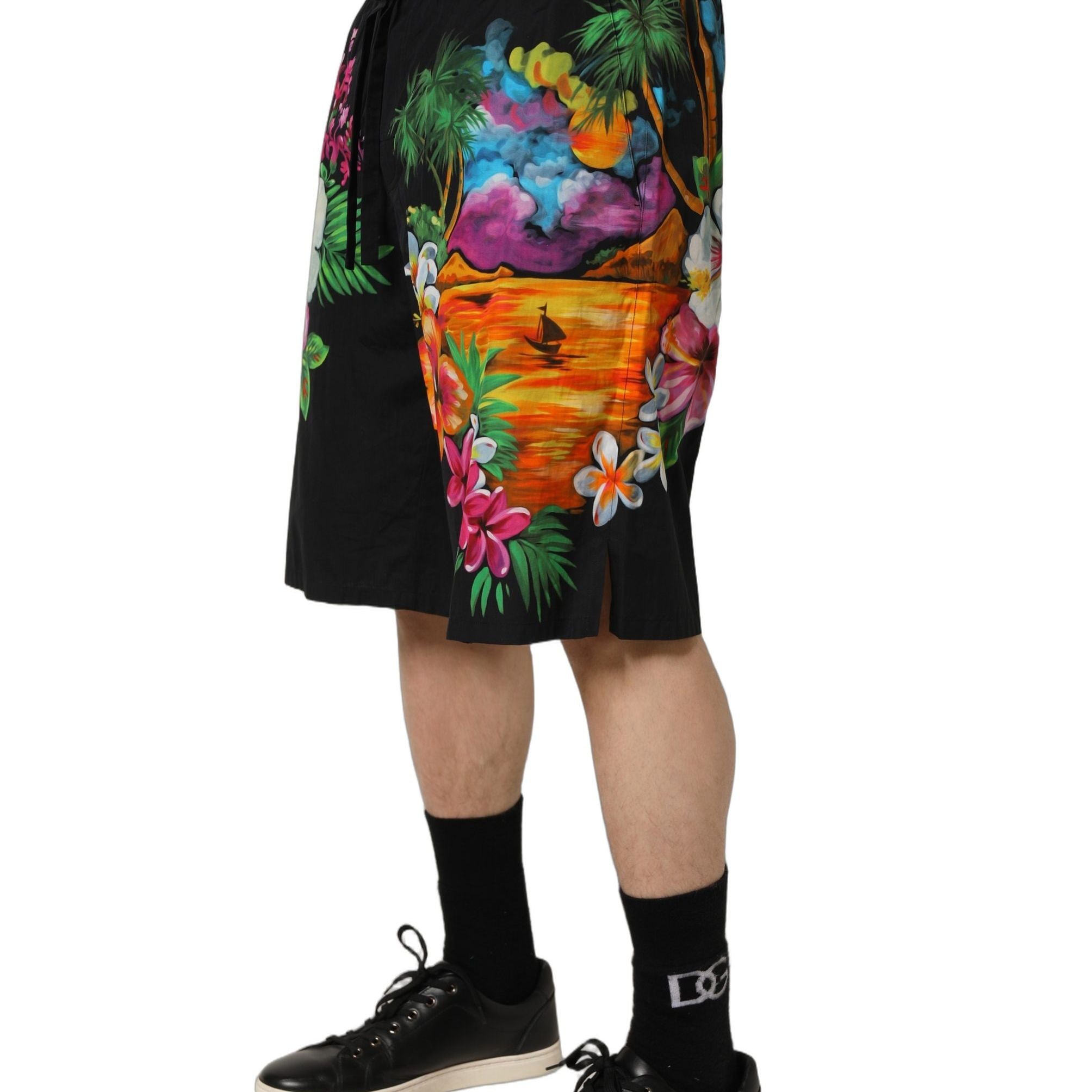 Dolce & Gabbana Black Cotton Tropical Floral Bermuda Shorts