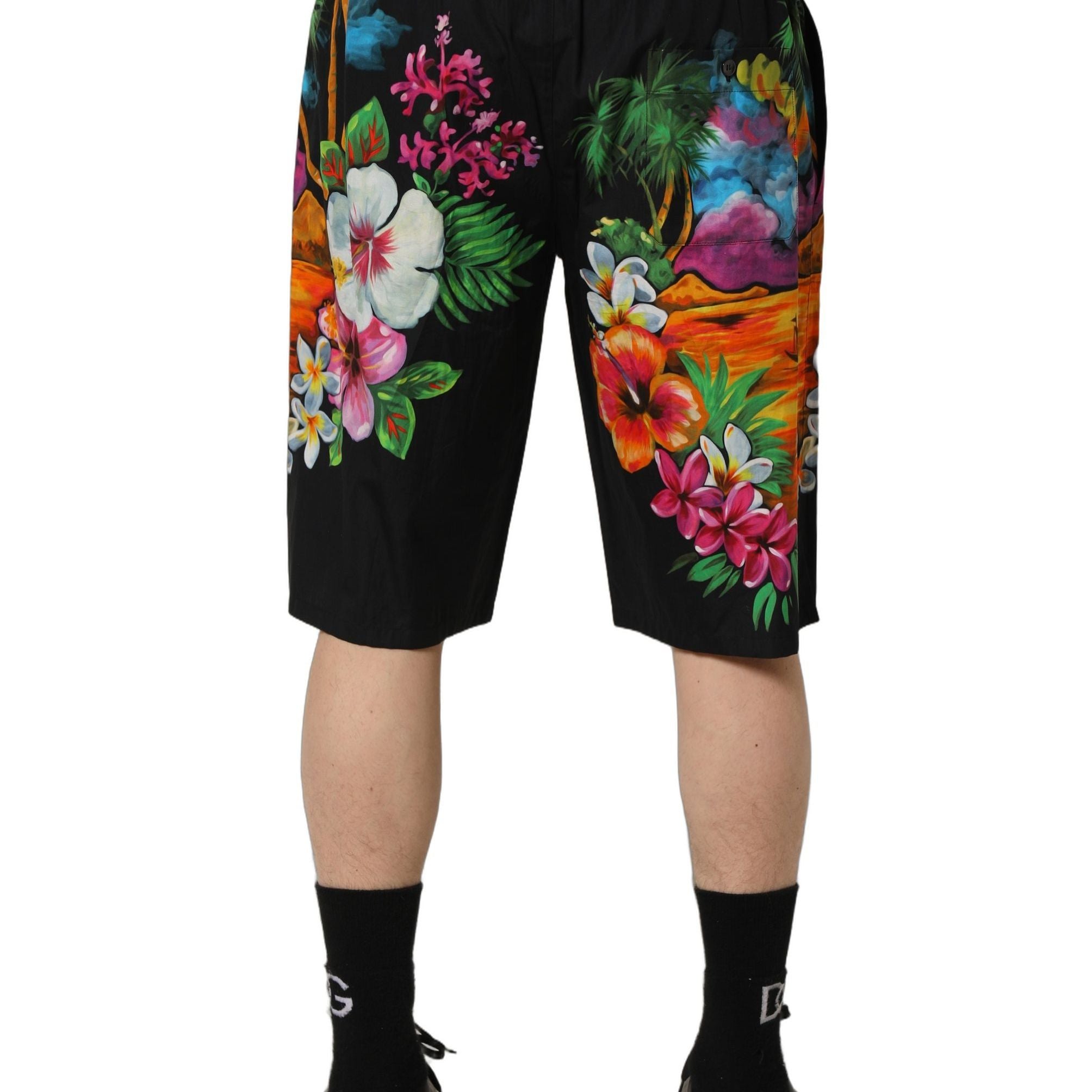 Dolce & Gabbana Black Cotton Tropical Floral Bermuda Shorts